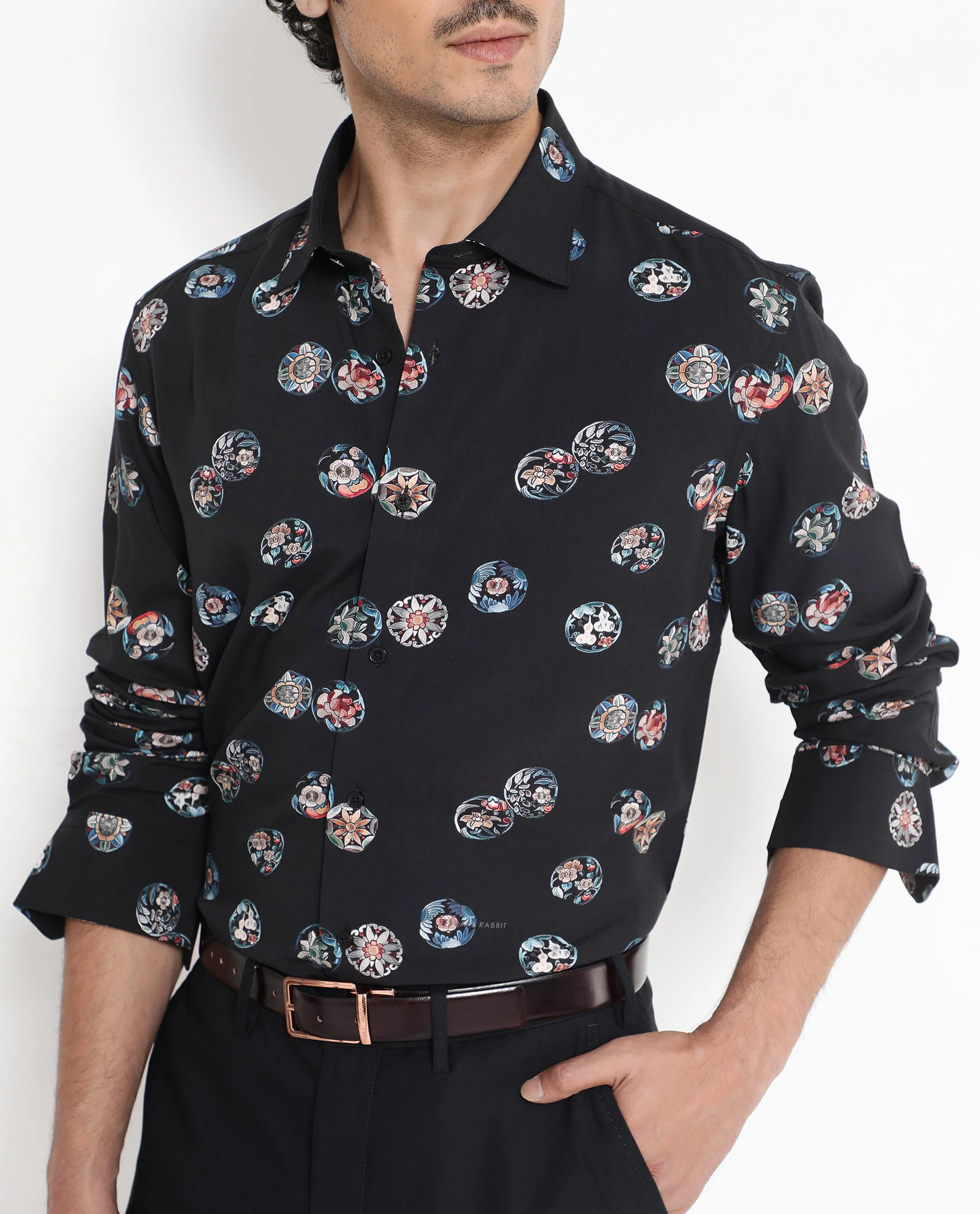 Rare Rabbit Men's Towen Ls Black Viscose Floral Print Regular Fit Full Sleeve Collared Shirt - Image 5