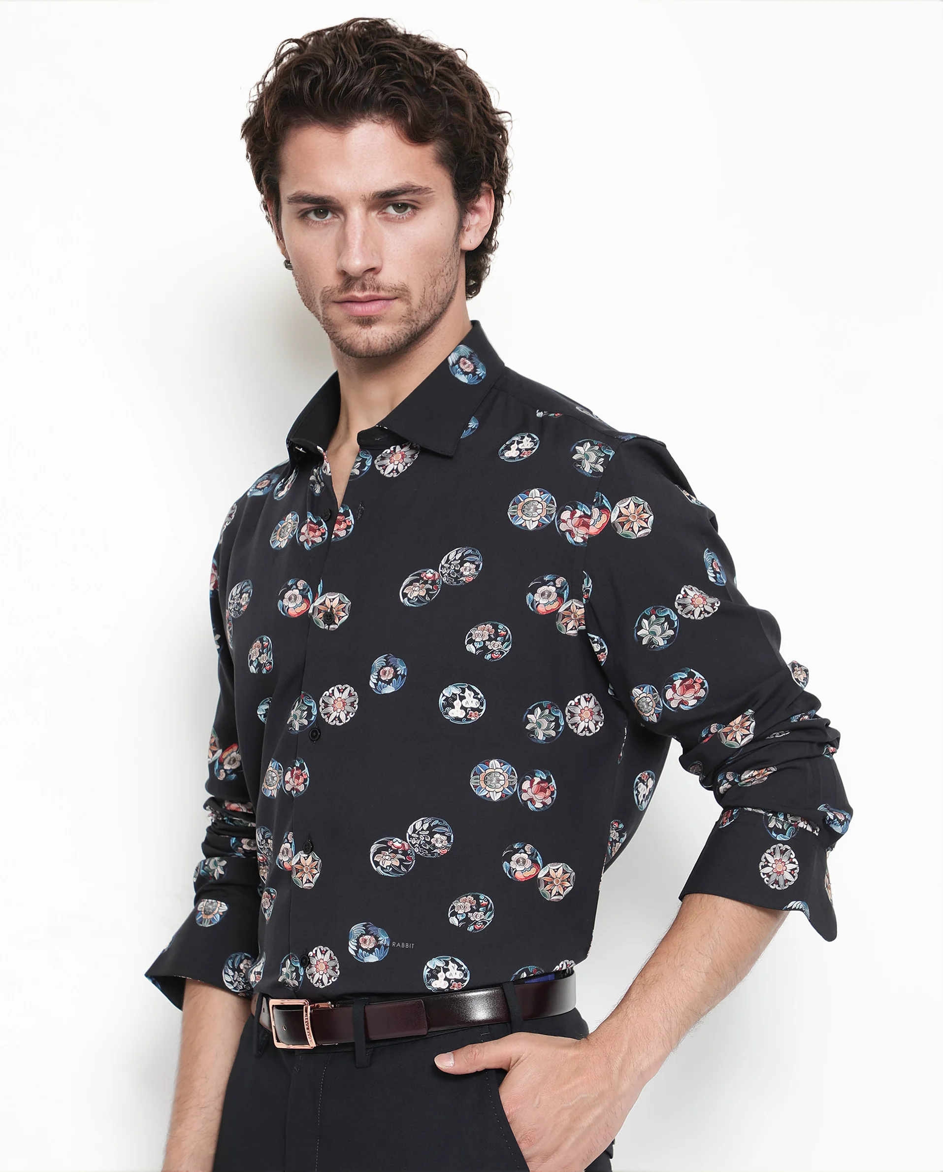 Rare Rabbit Men's Towen Ls Black Viscose Floral Print Regular Fit Full Sleeve Collared Shirt - Image 6