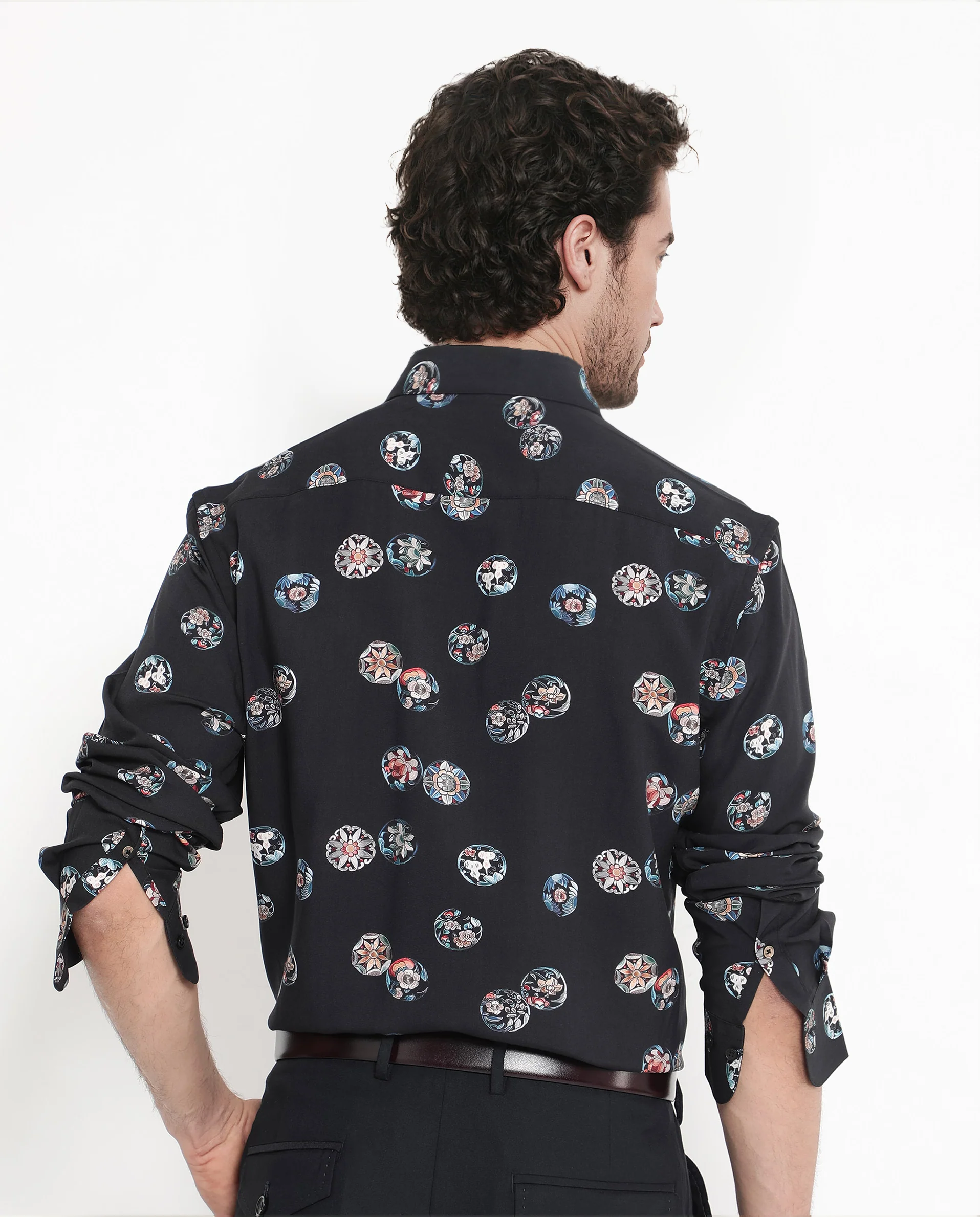 Rare Rabbit Men's Towen Ls Black Viscose Floral Print Regular Fit Full Sleeve Collared Shirt - Image 7