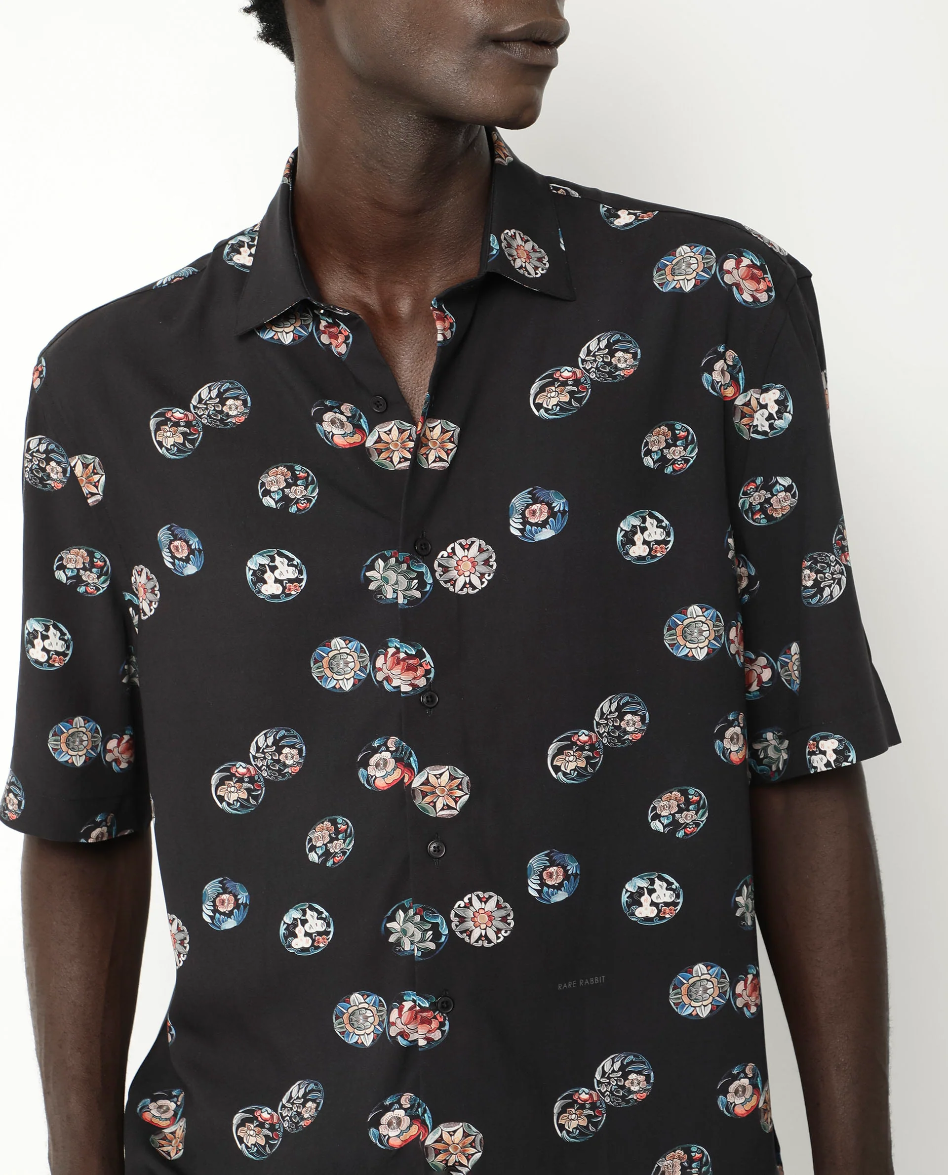 Rare Rabbit Men's Towen Ss Black Viscose Floral Print Boxy Fit Half Sleeve Collared Shirt - Image 3