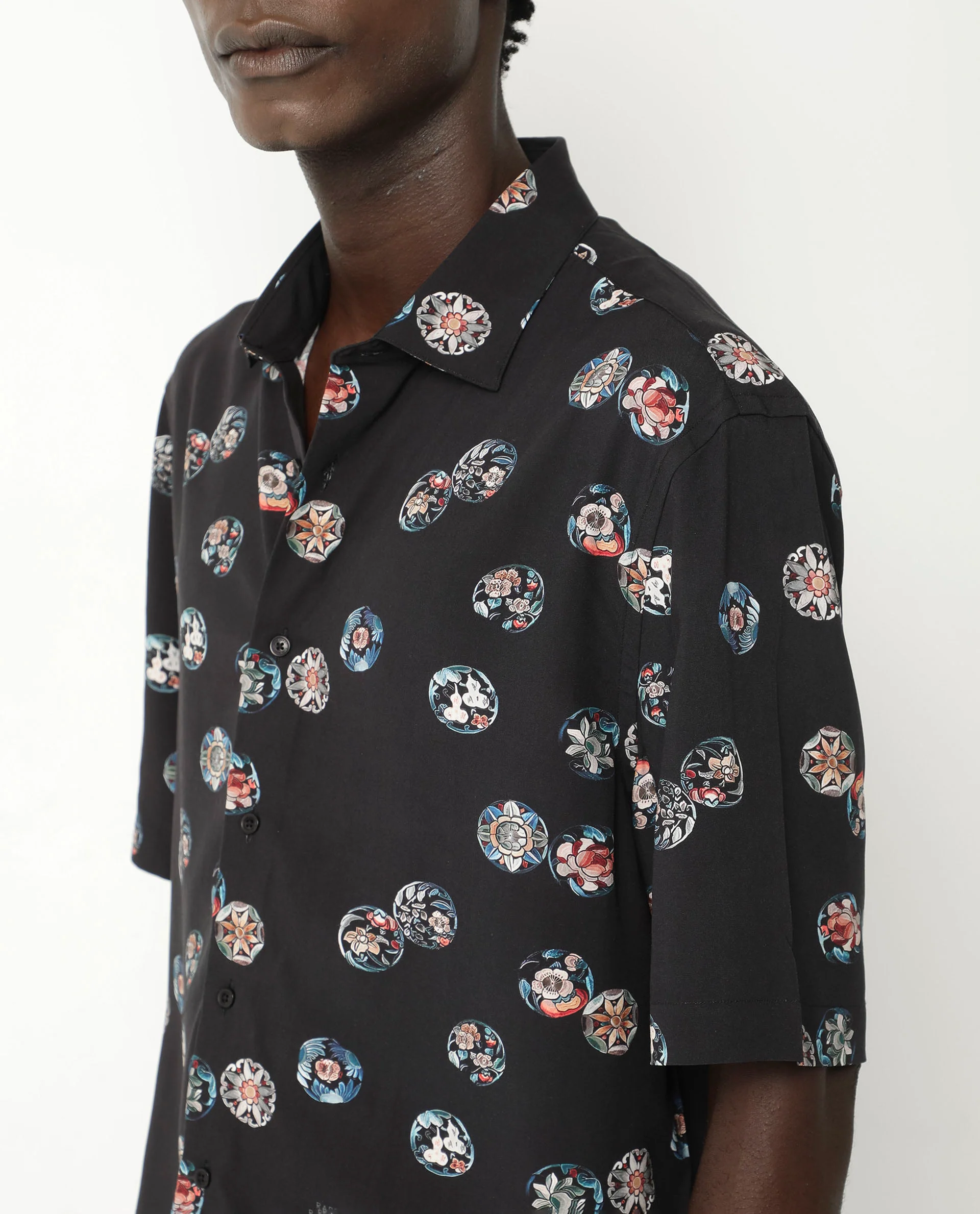 Rare Rabbit Men's Towen Ss Black Viscose Floral Print Boxy Fit Half Sleeve Collared Shirt - Image 5