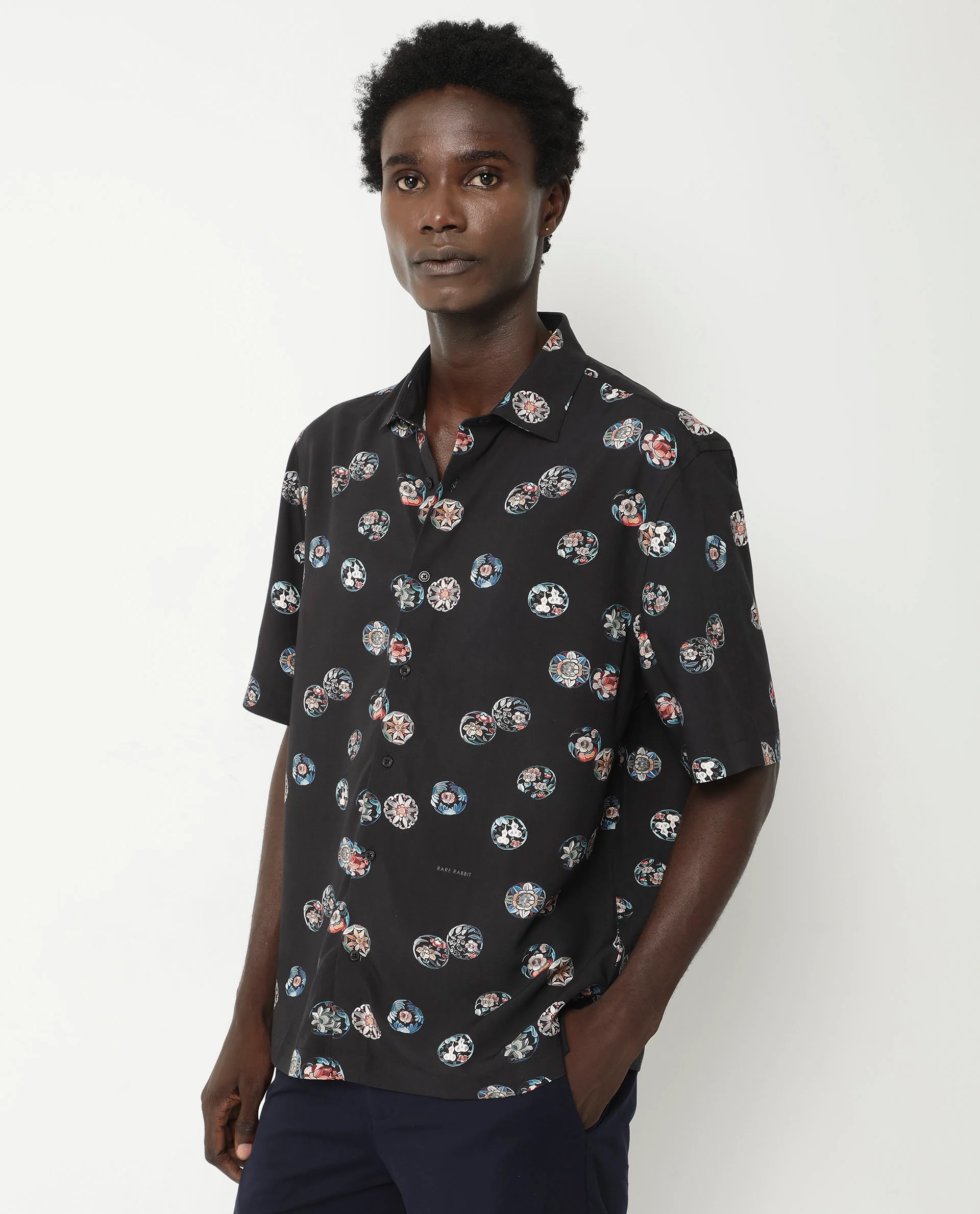 Rare Rabbit Men's Towen Ss Black Viscose Floral Print Boxy Fit Half Sleeve Collared Shirt - Image 7