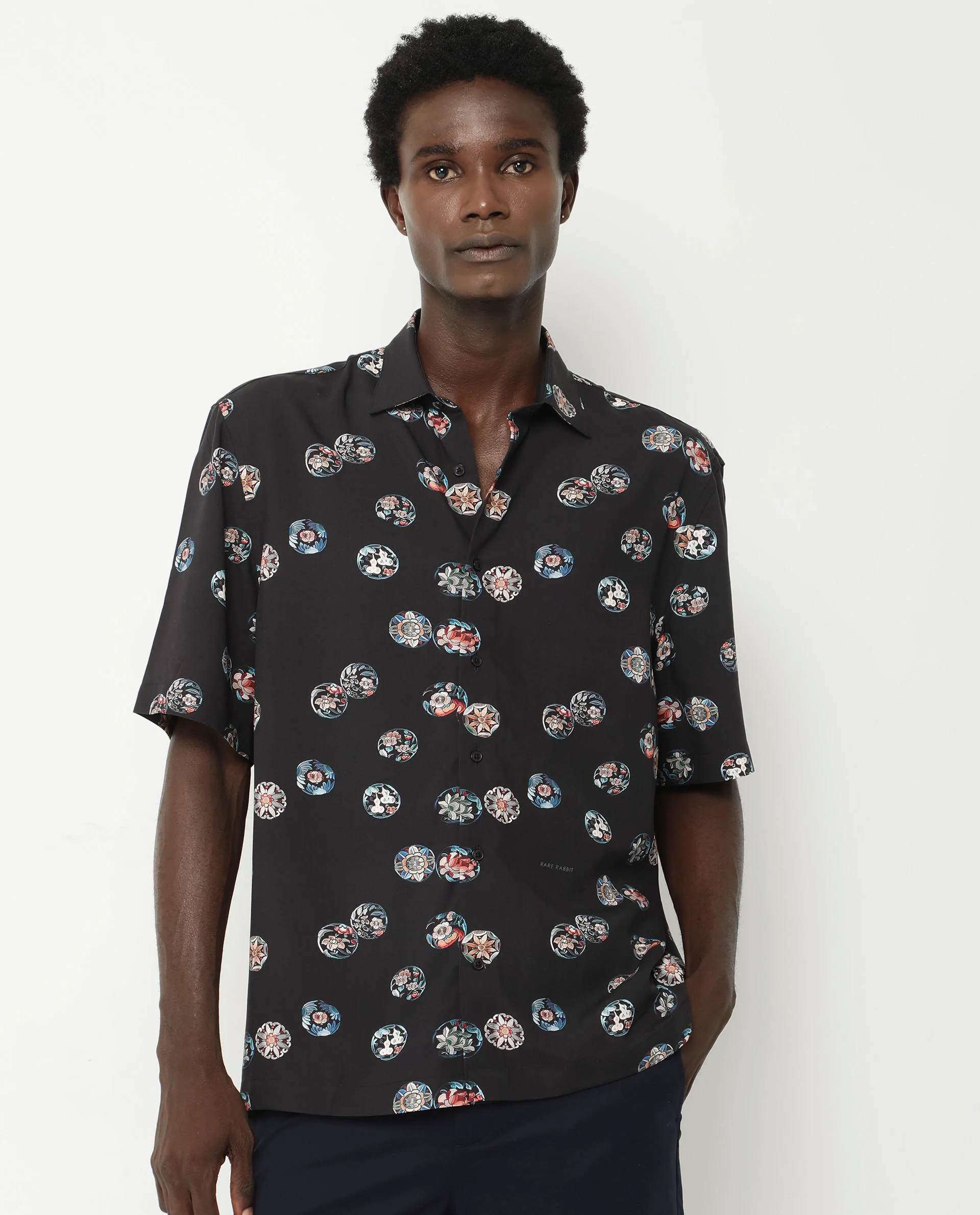 Rare Rabbit Men's Towen Ss Black Viscose Floral Print Boxy Fit Half Sleeve Collared Shirt - Image 8