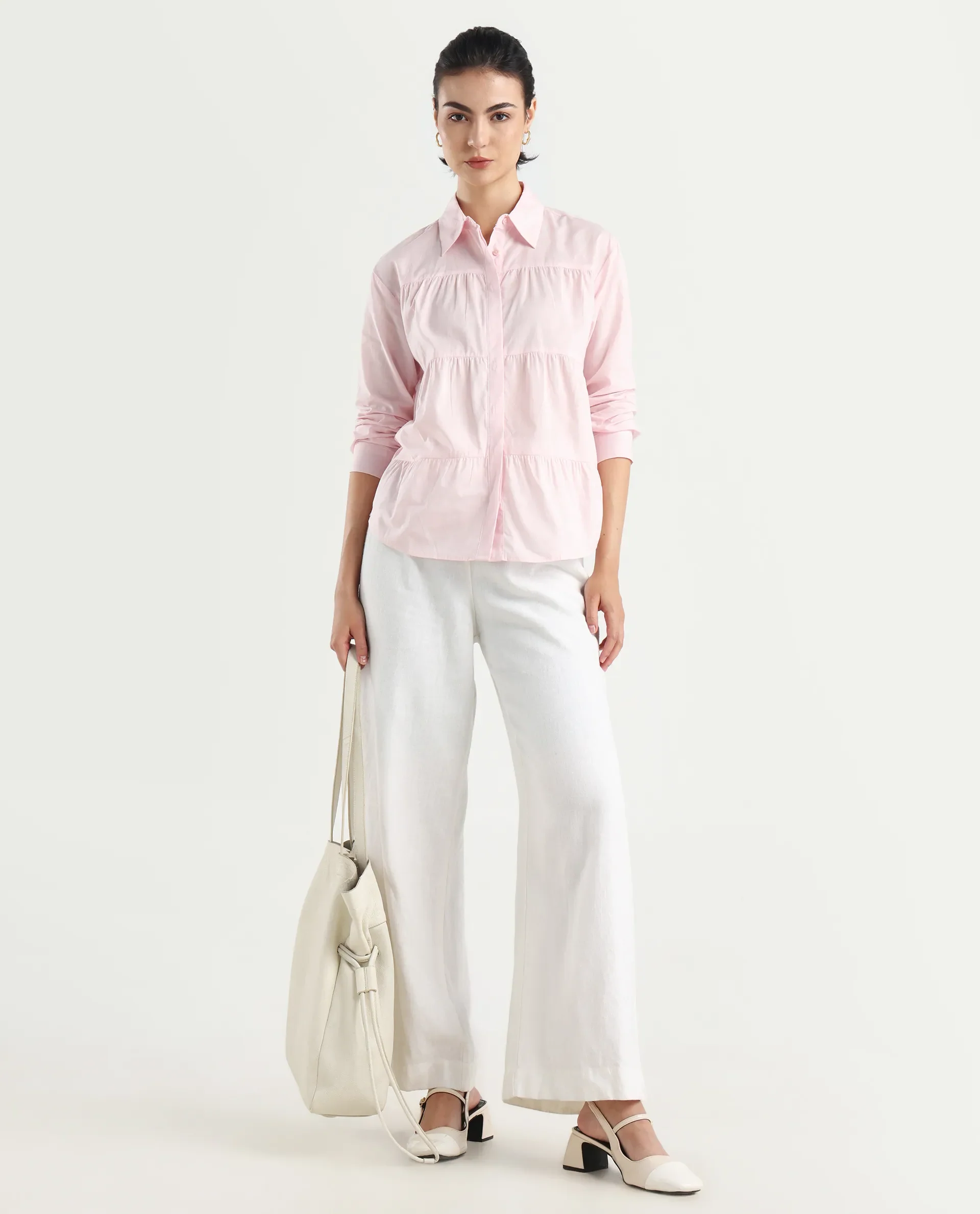 Rareism Women's Towol Light Pink Cotton Spread Collar Plain Cuffed Sleeve Relaxed Fit Top - Image 2