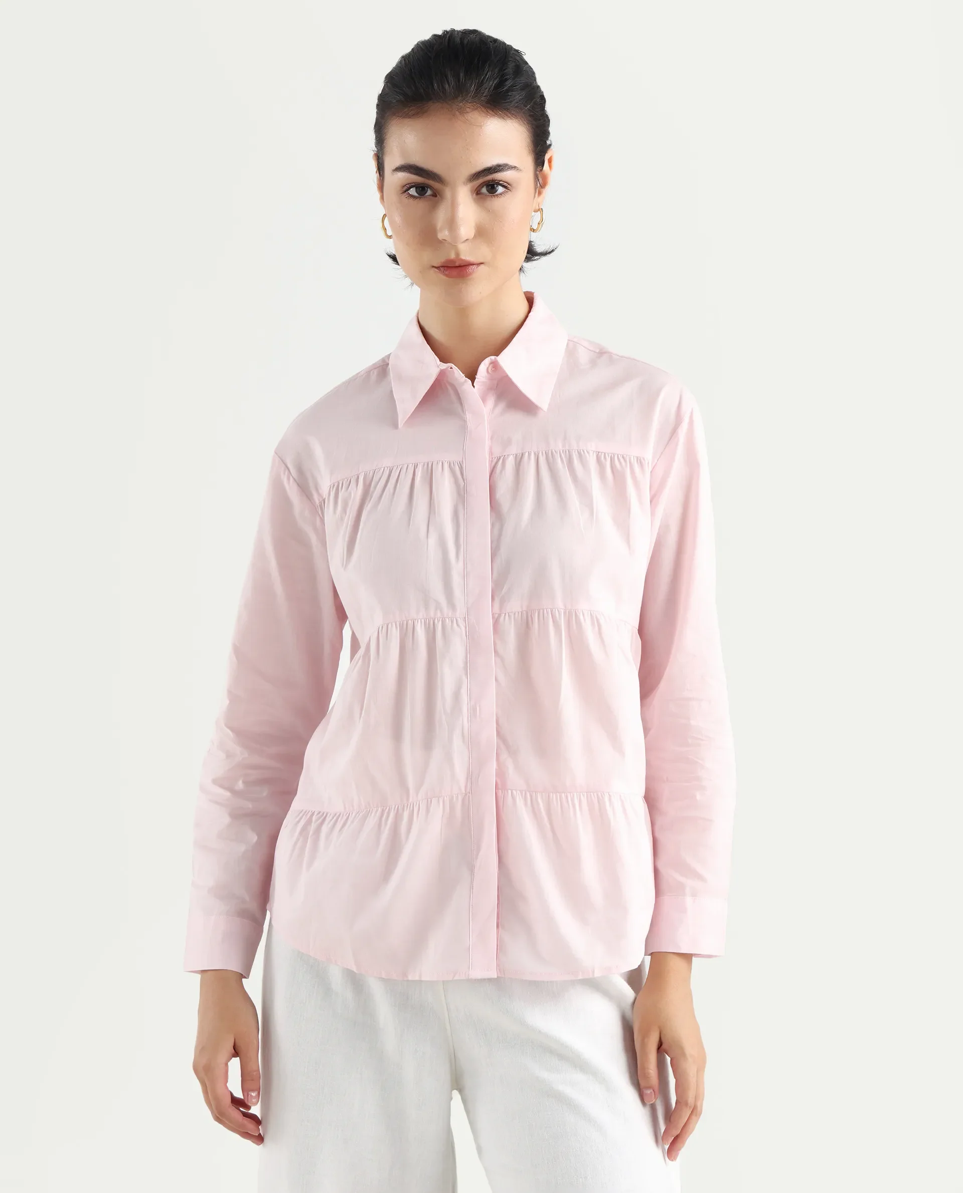 Rareism Women's Towol Light Pink Cotton Spread Collar Plain Cuffed Sleeve Relaxed Fit Top - Image 3