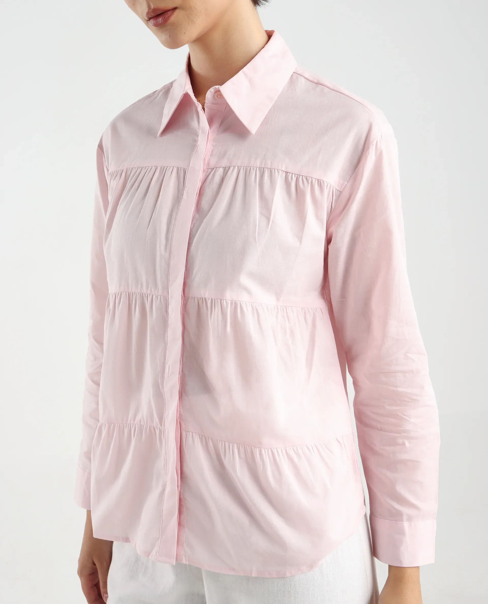 Rareism Women's Towol Light Pink Cotton Spread Collar Plain Cuffed Sleeve Relaxed Fit Top - Image 4