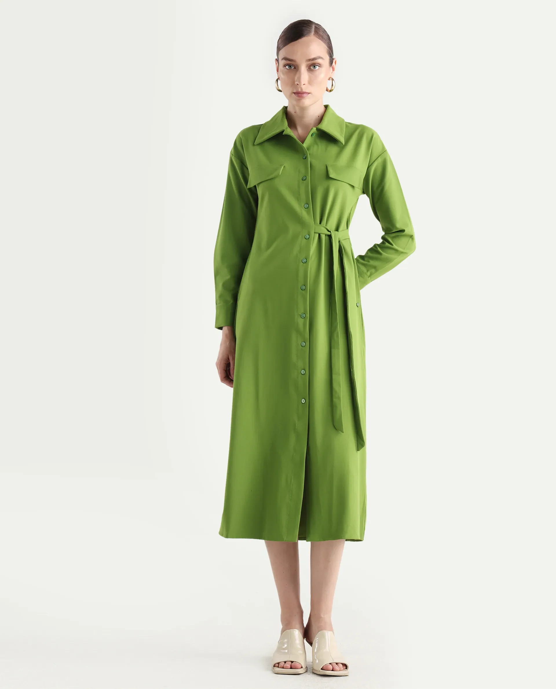 Rareism Women's Towoo Green Drop Collar Plain Cuffed Sleeve Maxi Regular Fit Jacket - Image 3