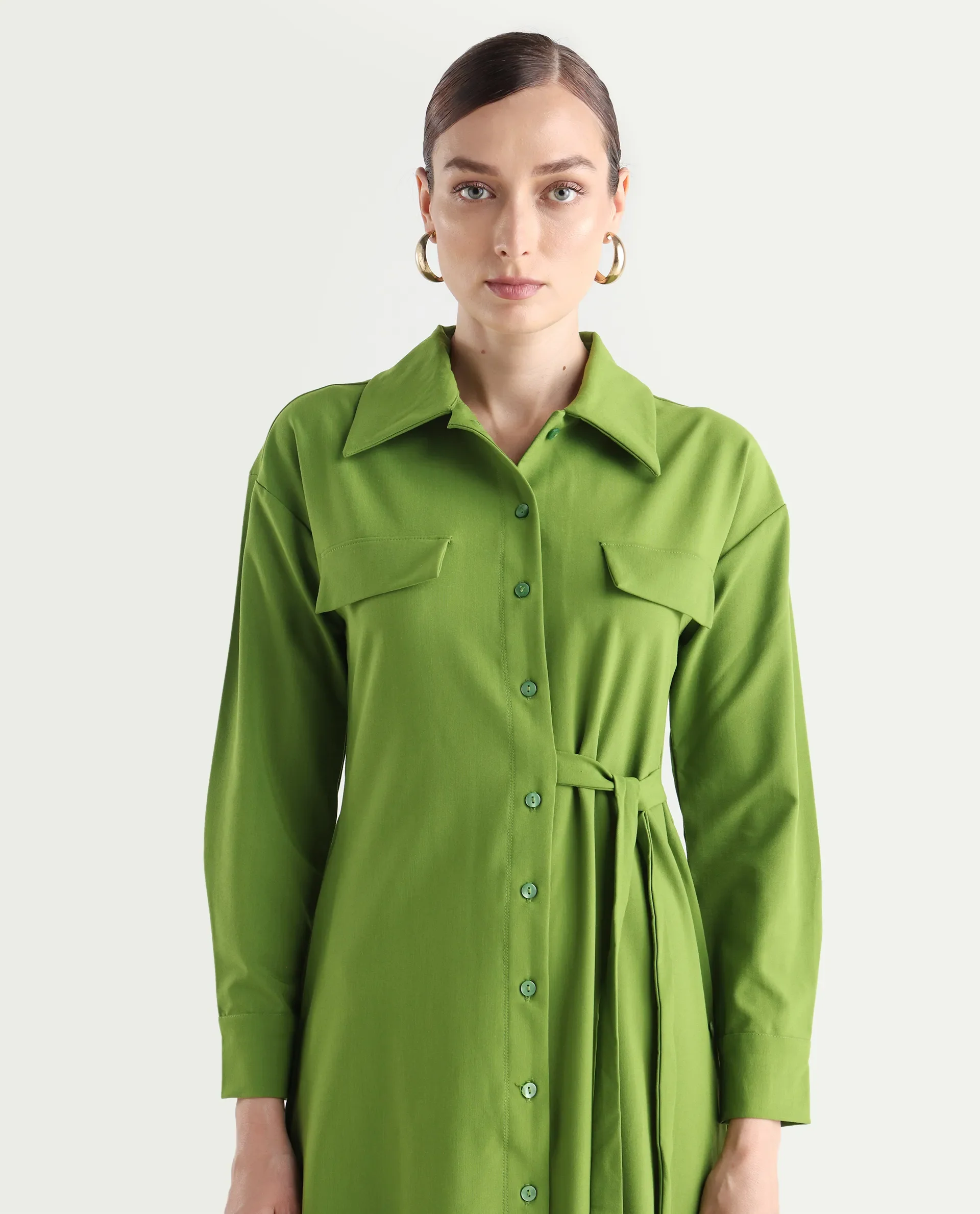 Rareism Women's Towoo Green Drop Collar Plain Cuffed Sleeve Maxi Regular Fit Jacket - Image 4