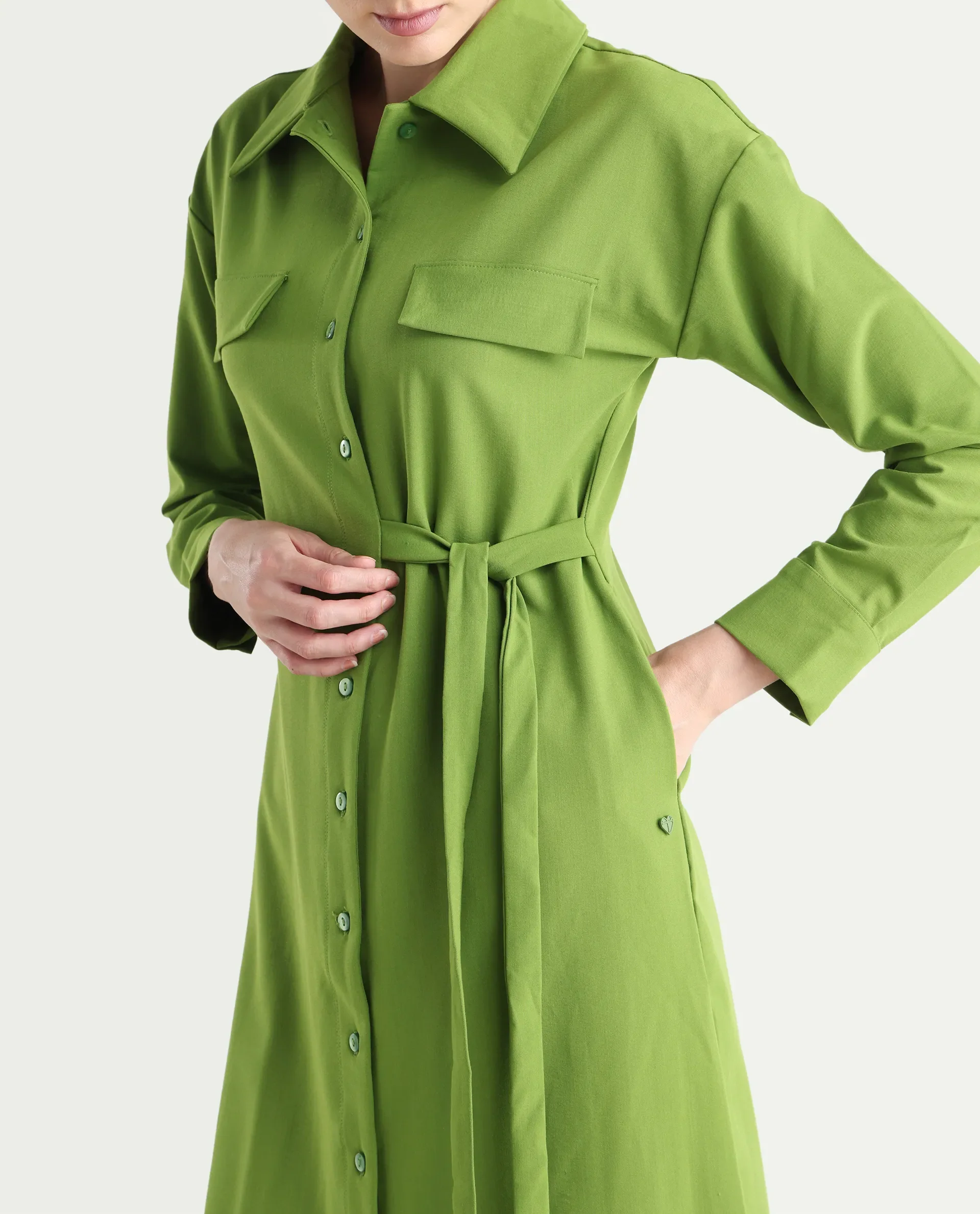 Rareism Women's Towoo Green Drop Collar Plain Cuffed Sleeve Maxi Regular Fit Jacket - Image 5