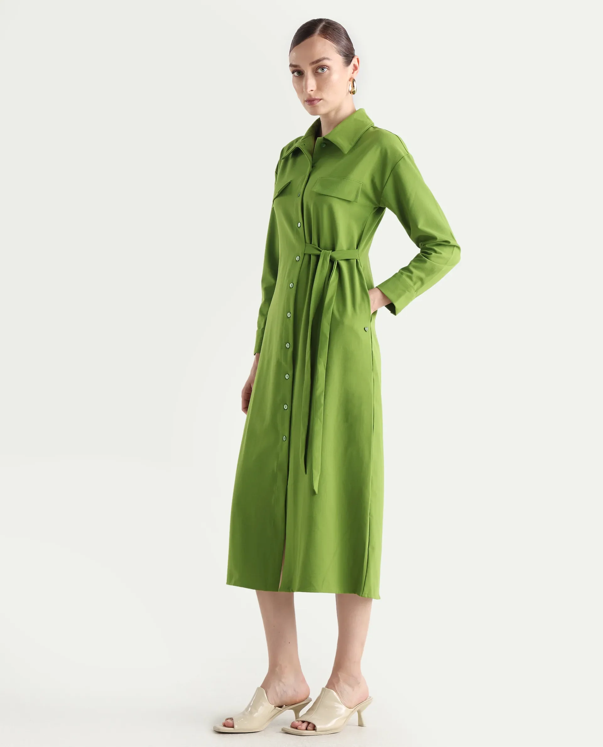 Rareism Women's Towoo Green Drop Collar Plain Cuffed Sleeve Maxi Regular Fit Jacket - Image 6