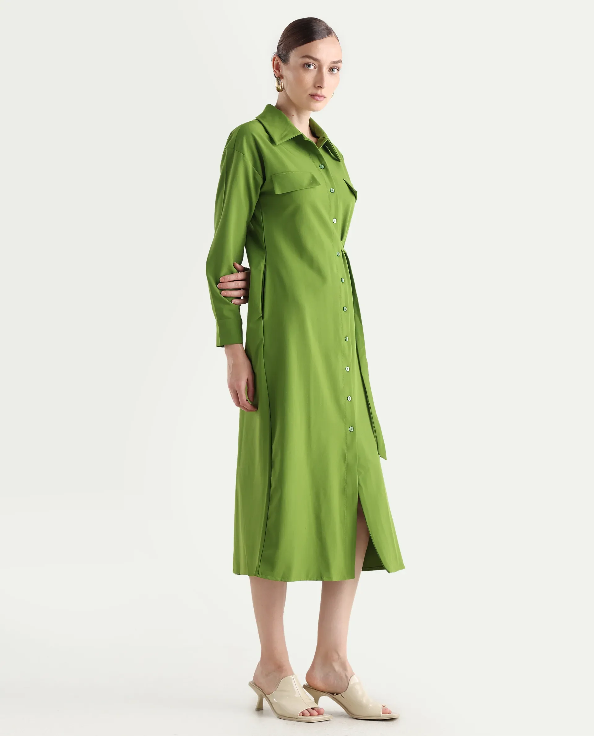 Rareism Women's Towoo Green Drop Collar Plain Cuffed Sleeve Maxi Regular Fit Jacket - Image 7