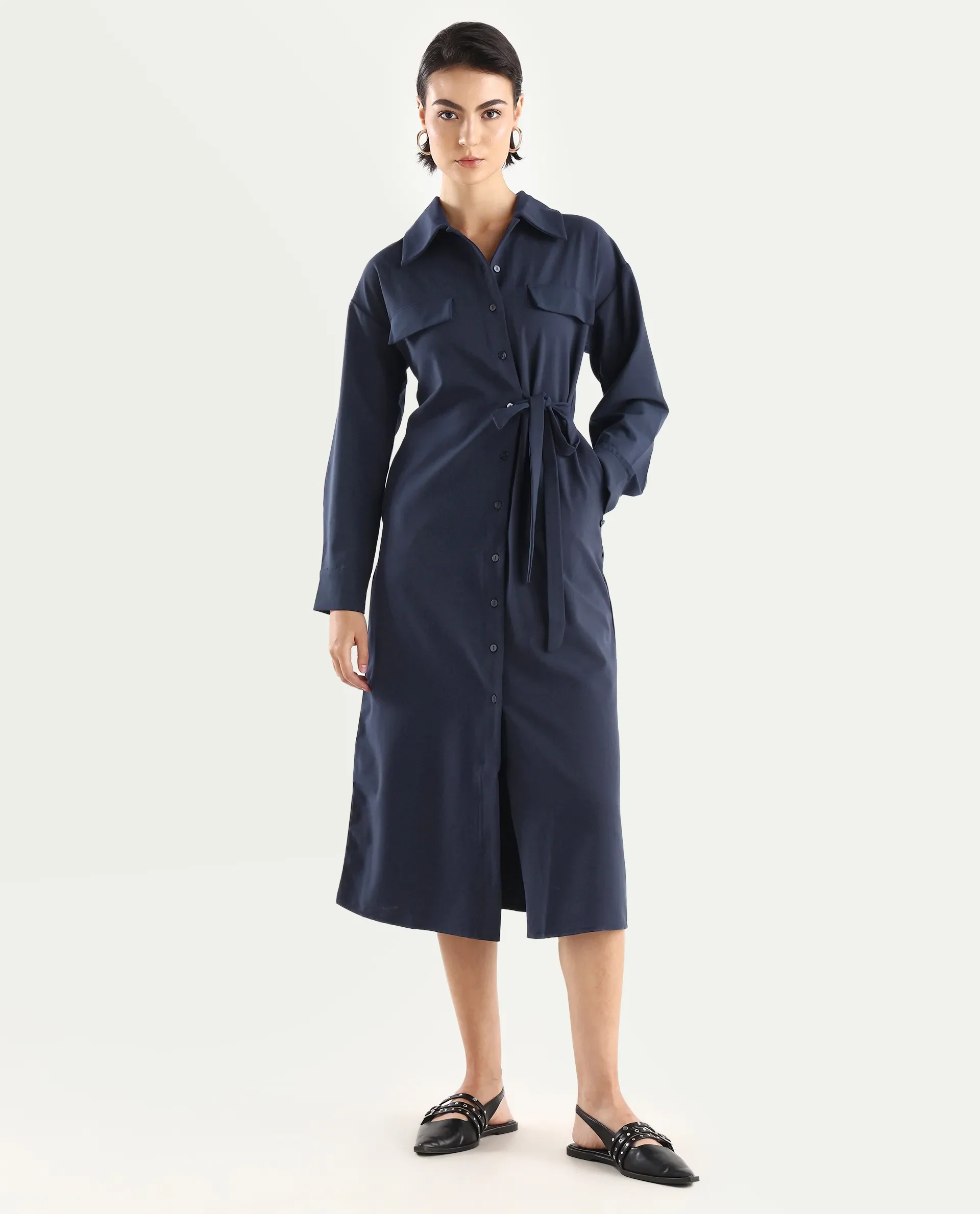 Rareism Women's Towoo Navy Drop Collar Plain Cuffed Sleeve Maxi Regular Fit Jacket - Image 3