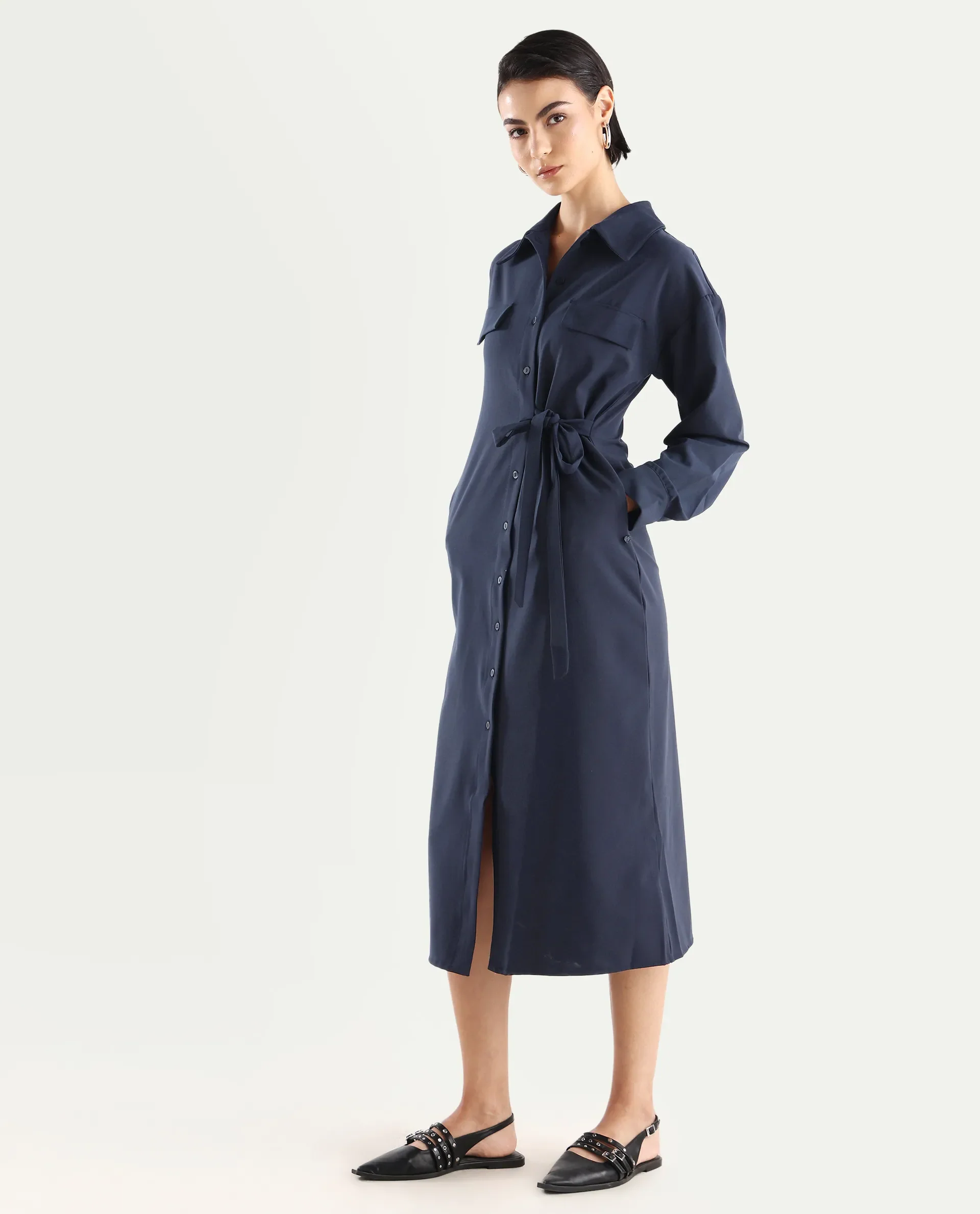 Rareism Women's Towoo Navy Drop Collar Plain Cuffed Sleeve Maxi Regular Fit Jacket - Image 4