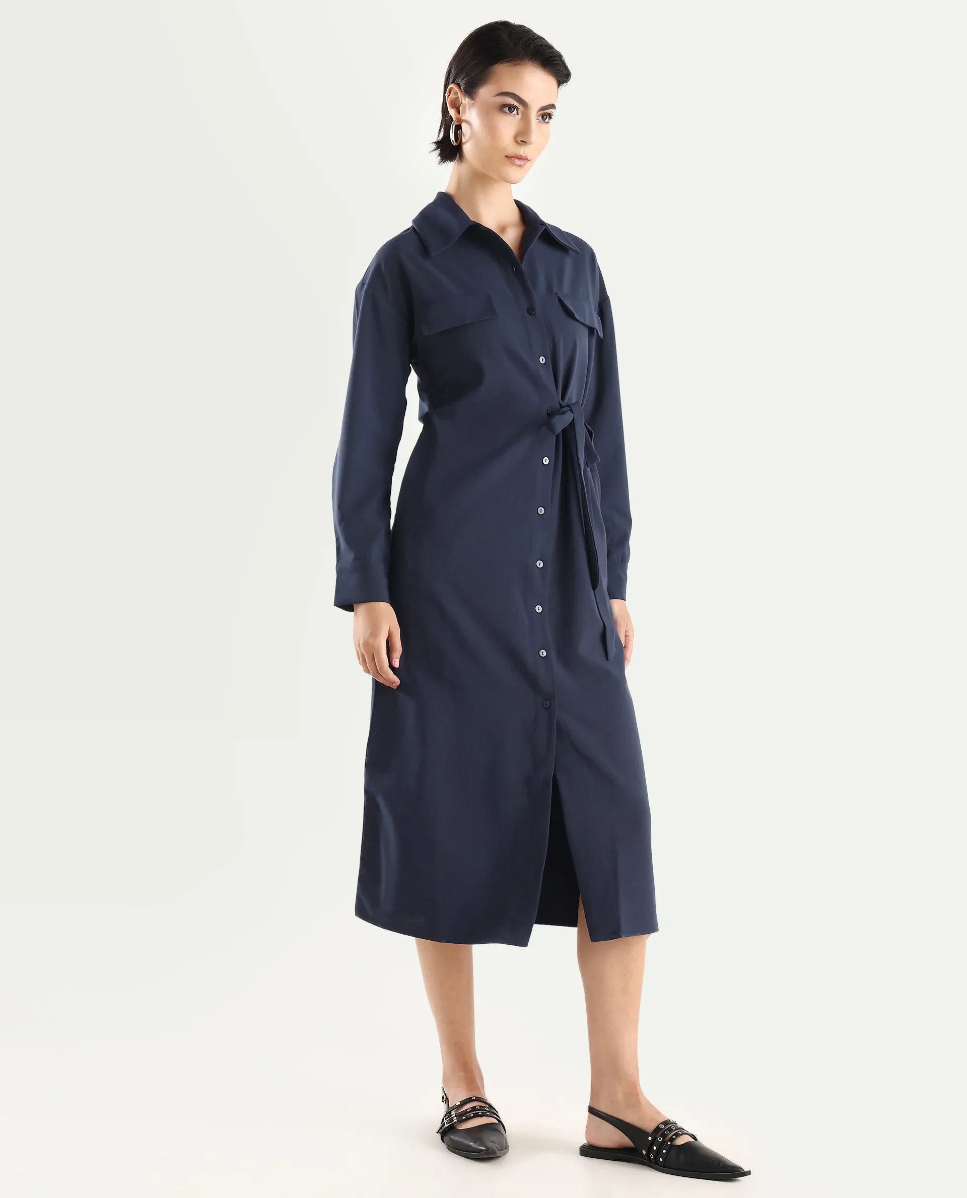 Rareism Women's Towoo Navy Drop Collar Plain Cuffed Sleeve Maxi Regular Fit Jacket - Image 5