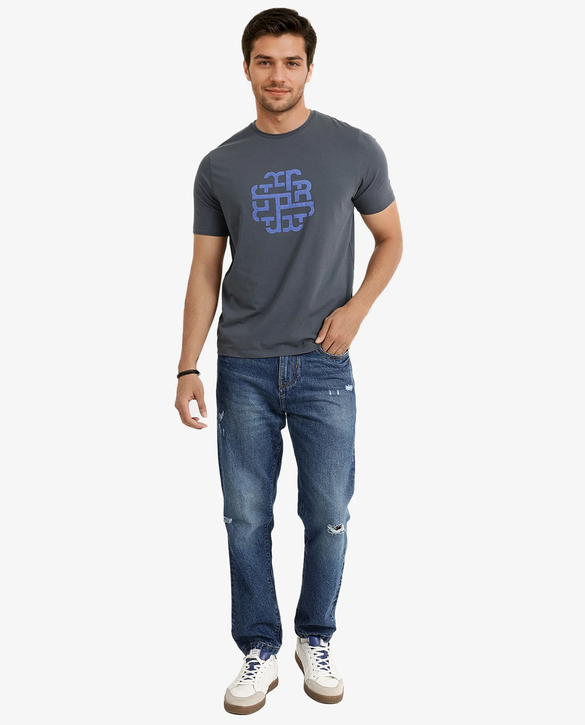 Rare Rabbit Men's Toxy Dusky Blue Cotton Graphic Print Regular Fit Half Sleeve Crew Neck T-Shirt - Image 2