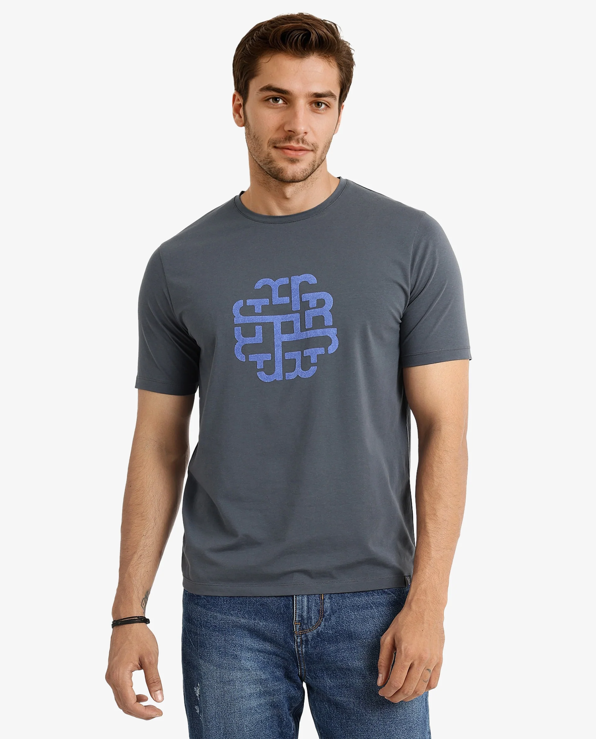 Rare Rabbit Men's Toxy Dusky Blue Cotton Graphic Print Regular Fit Half Sleeve Crew Neck T-Shirt - Image 4