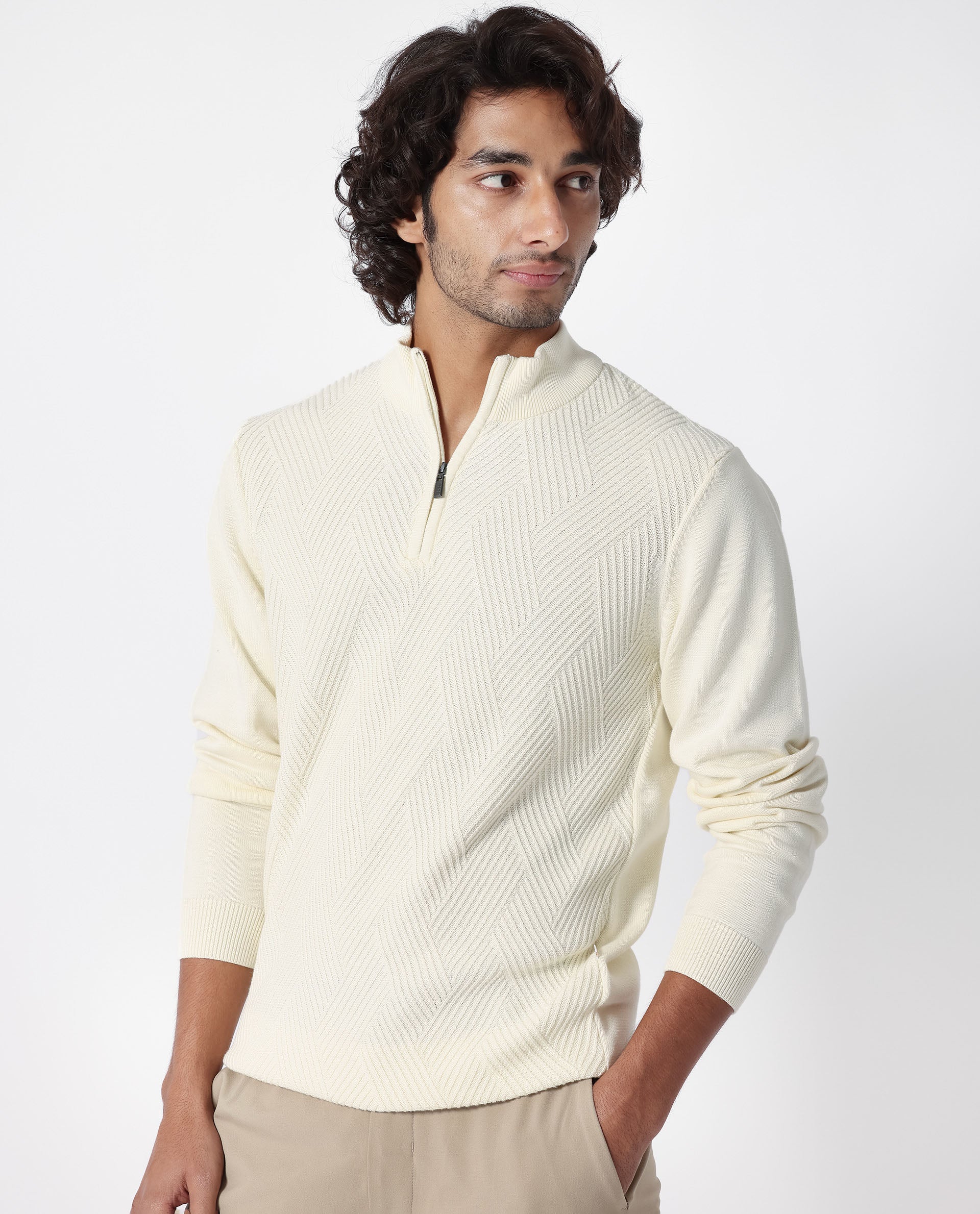 Rare Rabbit Men's Toyd Off White Cotton Plain Slim Fit Full Sleeve Mandarin Collar Sweater