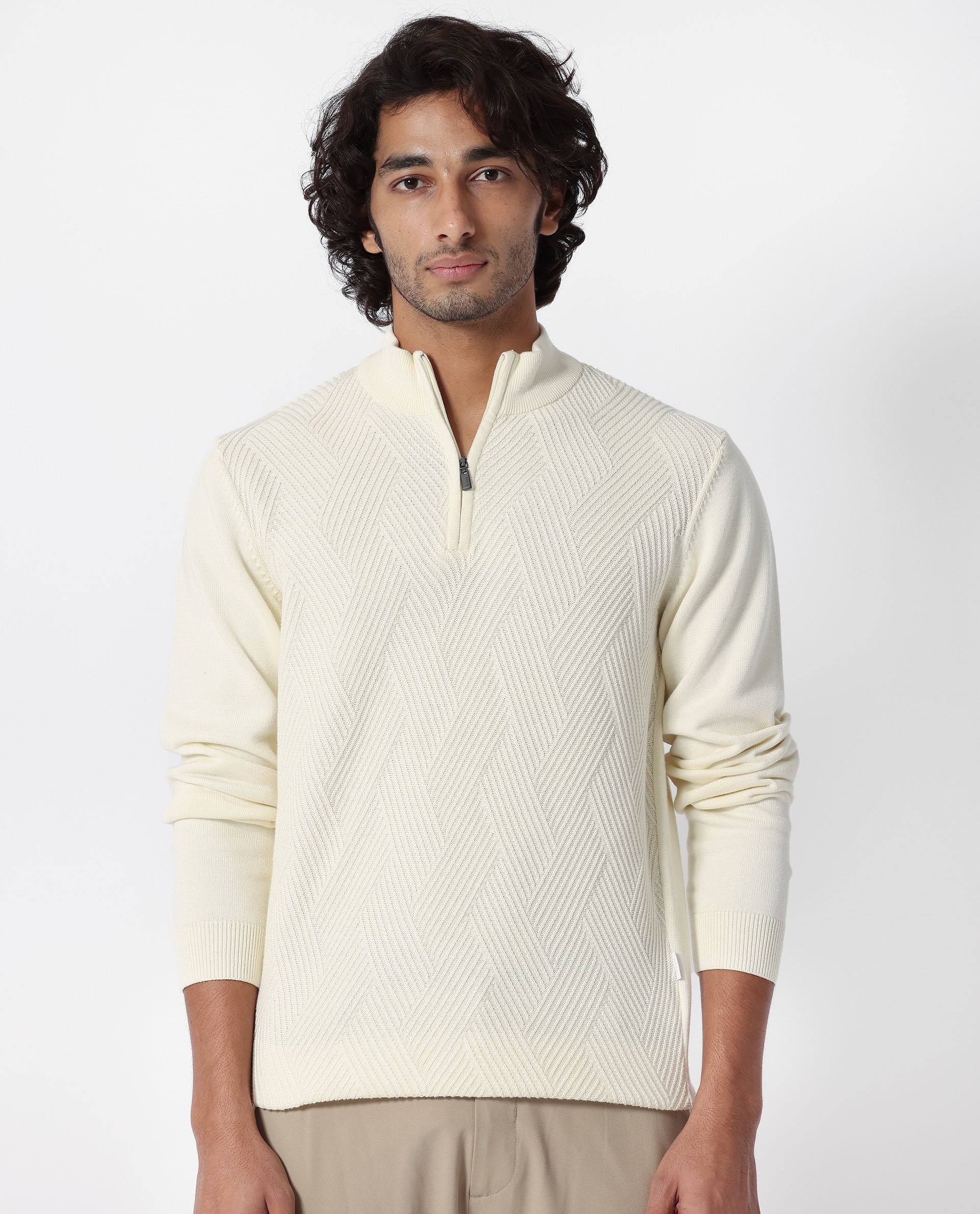 Rare Rabbit Men's Toyd Off White Cotton Plain Slim Fit Full Sleeve Mandarin Collar Sweater - Image 2
