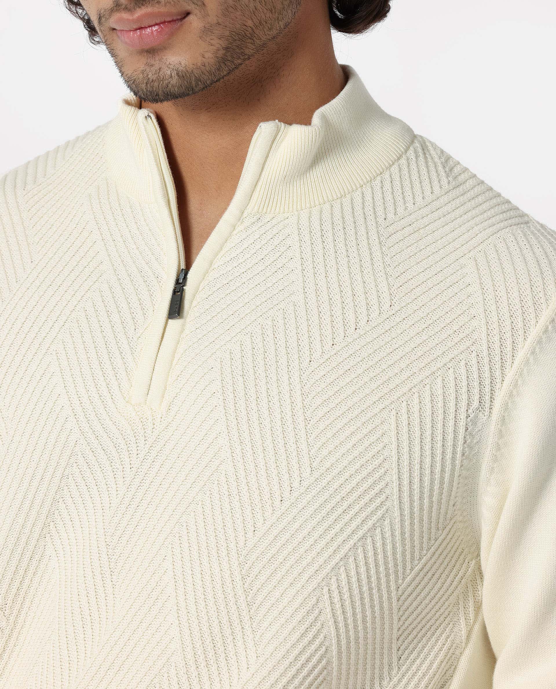 Rare Rabbit Men's Toyd Off White Cotton Plain Slim Fit Full Sleeve Mandarin Collar Sweater - Image 3