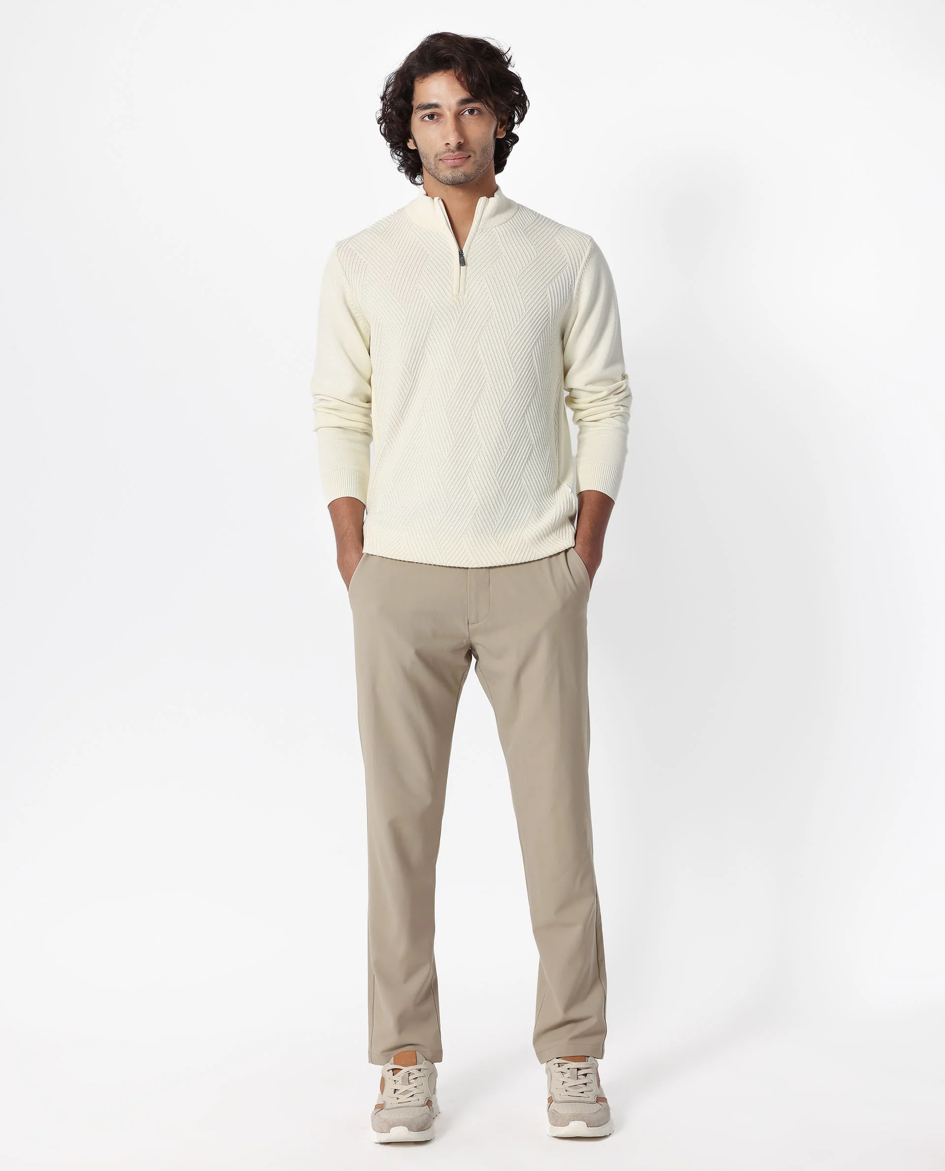 Rare Rabbit Men's Toyd Off White Cotton Plain Slim Fit Full Sleeve Mandarin Collar Sweater - Image 4