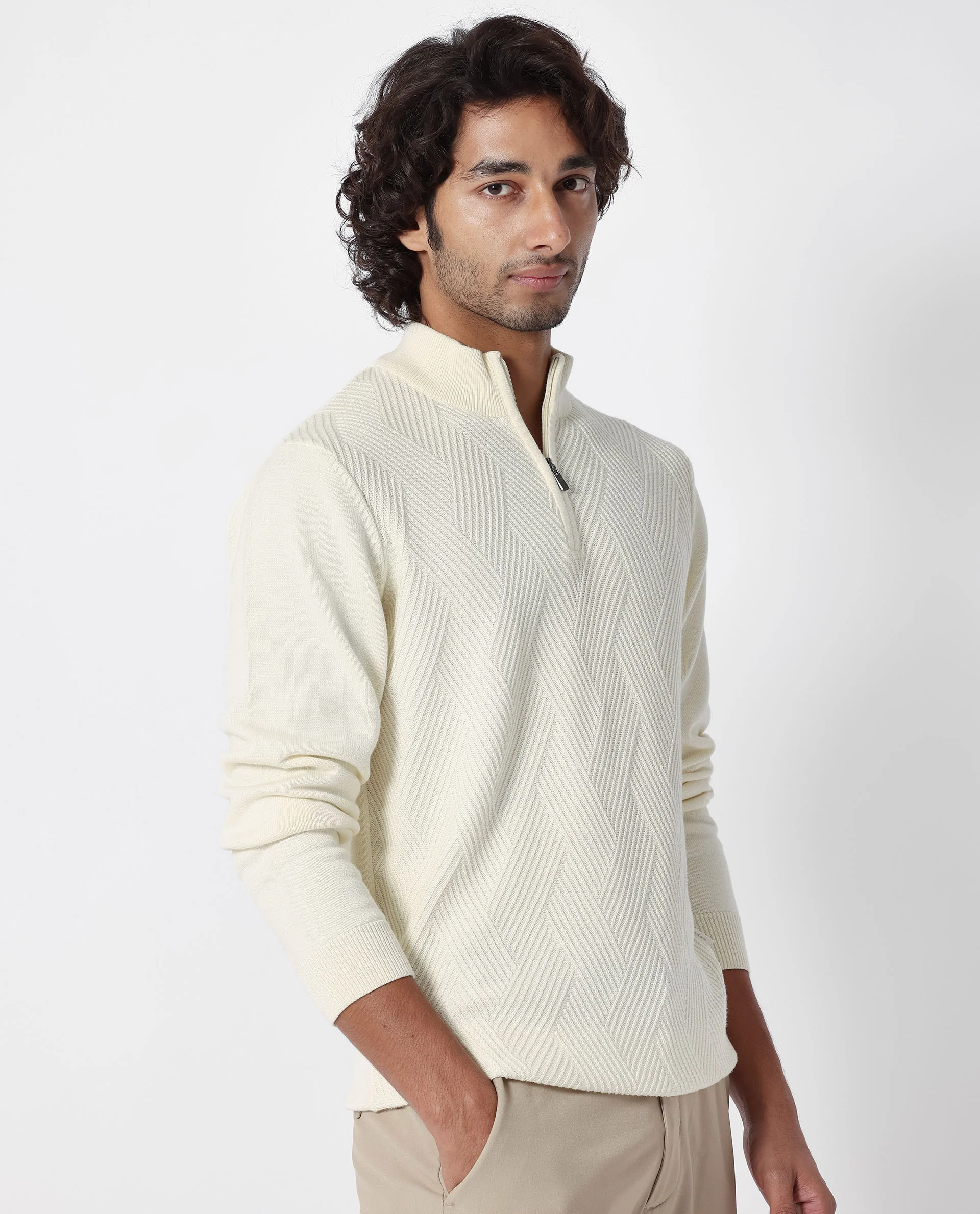 Rare Rabbit Men's Toyd Off White Cotton Plain Slim Fit Full Sleeve Mandarin Collar Sweater - Image 5