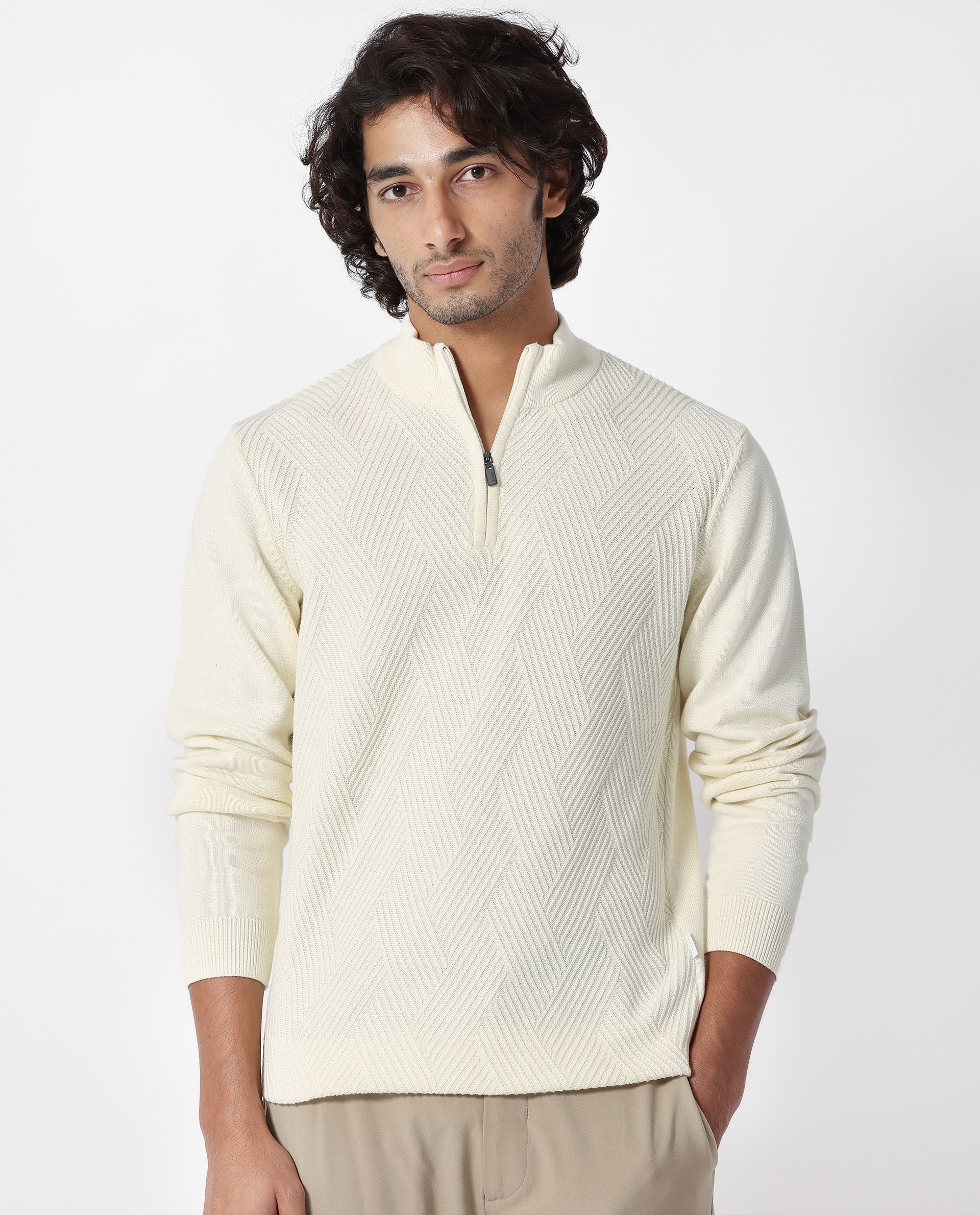 Rare Rabbit Men's Toyd Off White Cotton Plain Slim Fit Full Sleeve Mandarin Collar Sweater - Image 6
