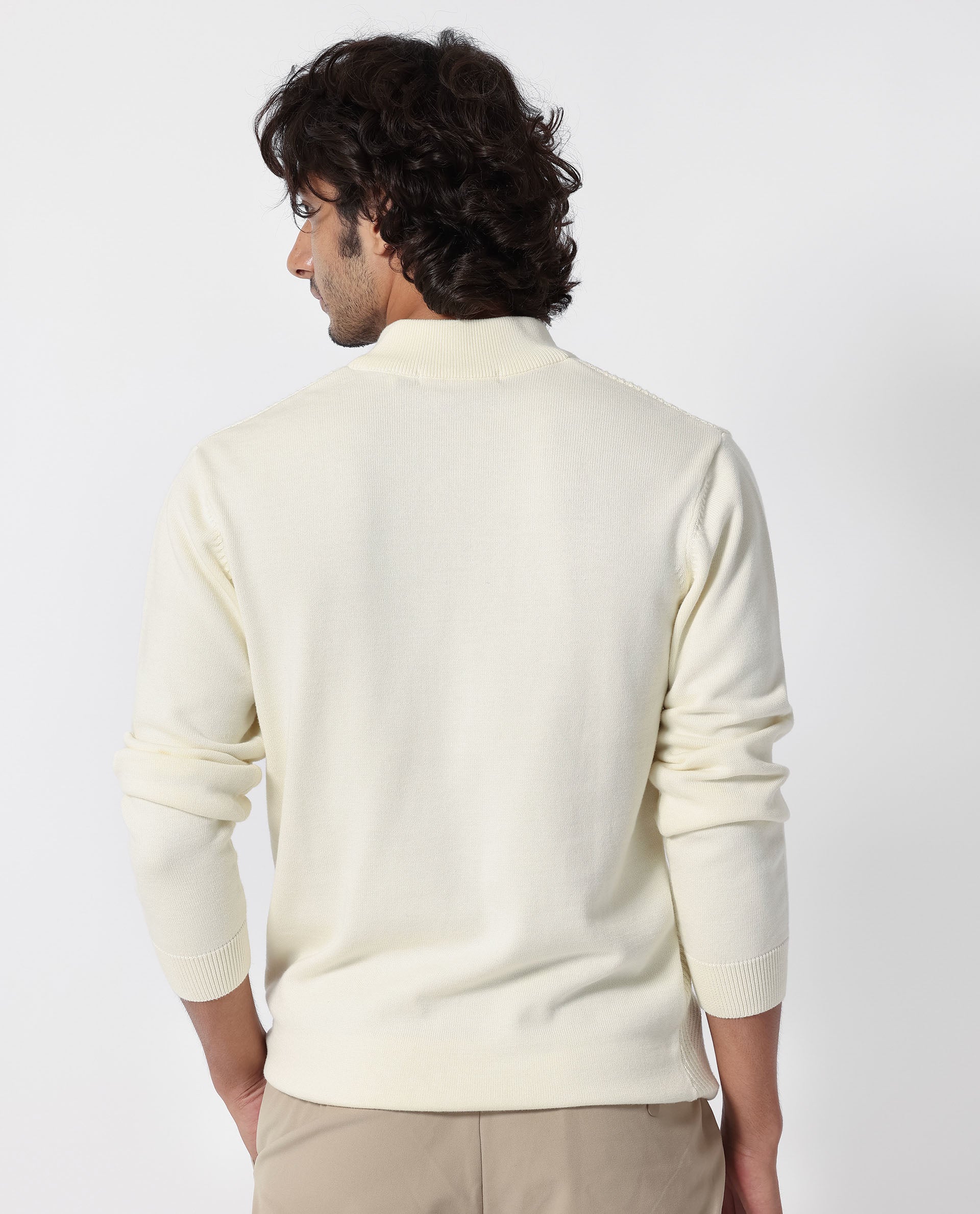 Rare Rabbit Men's Toyd Off White Cotton Plain Slim Fit Full Sleeve Mandarin Collar Sweater - Image 7