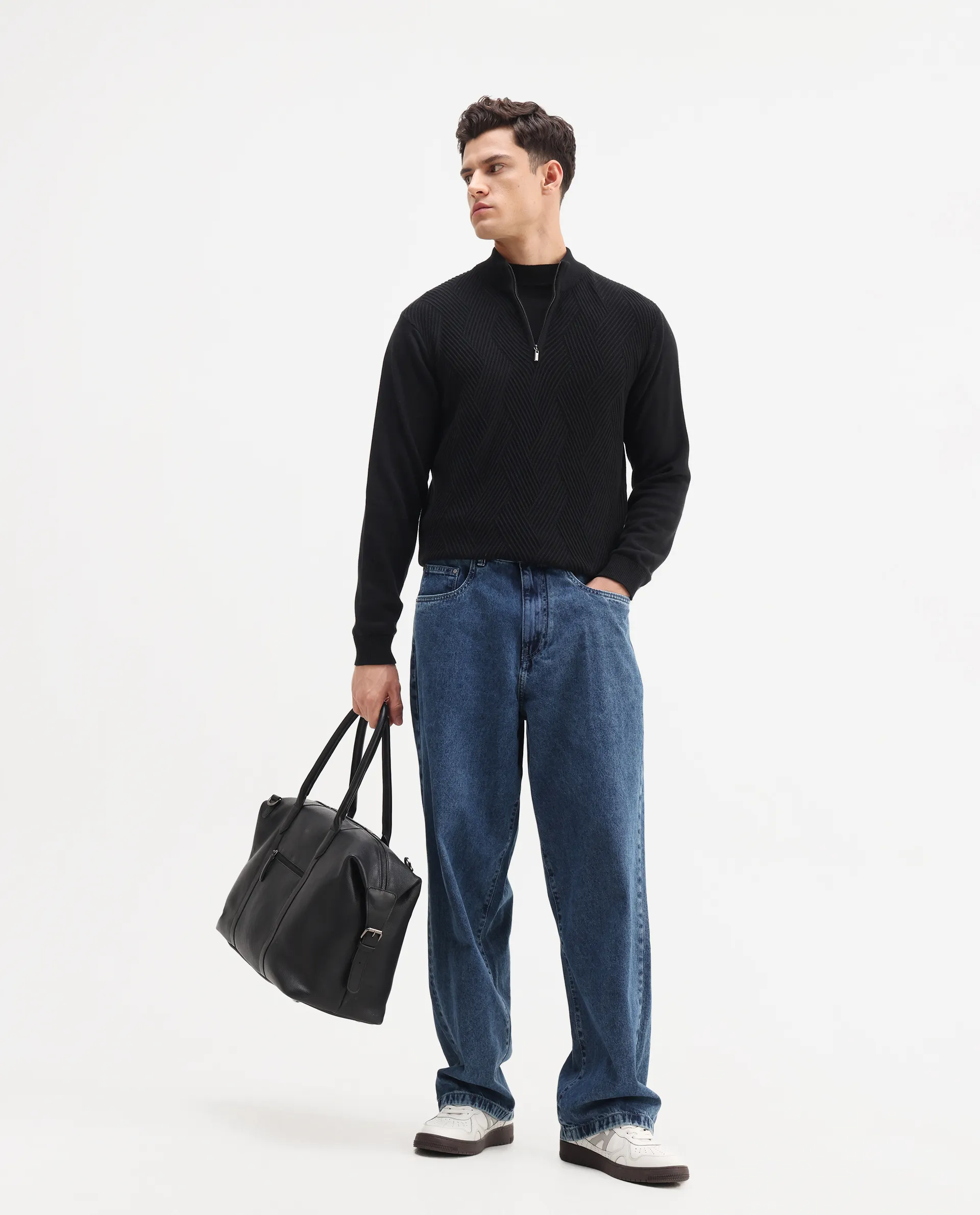 Rare Rabbit Men's Toyder Black Cotton Textured Regular Fit Full Sleeve High Neck Sweater - Image 2