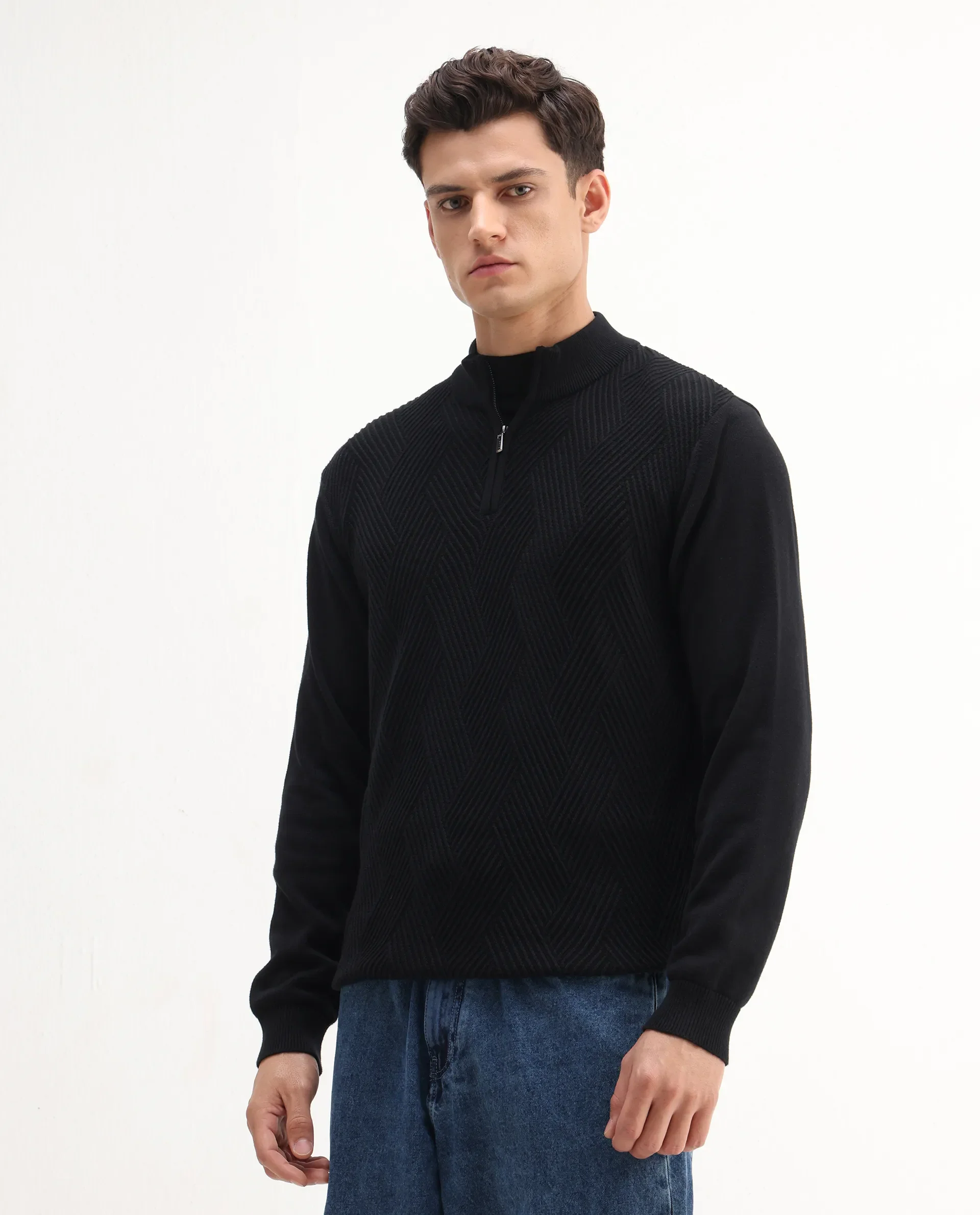 Rare Rabbit Men's Toyder Black Cotton Textured Regular Fit Full Sleeve High Neck Sweater - Image 4