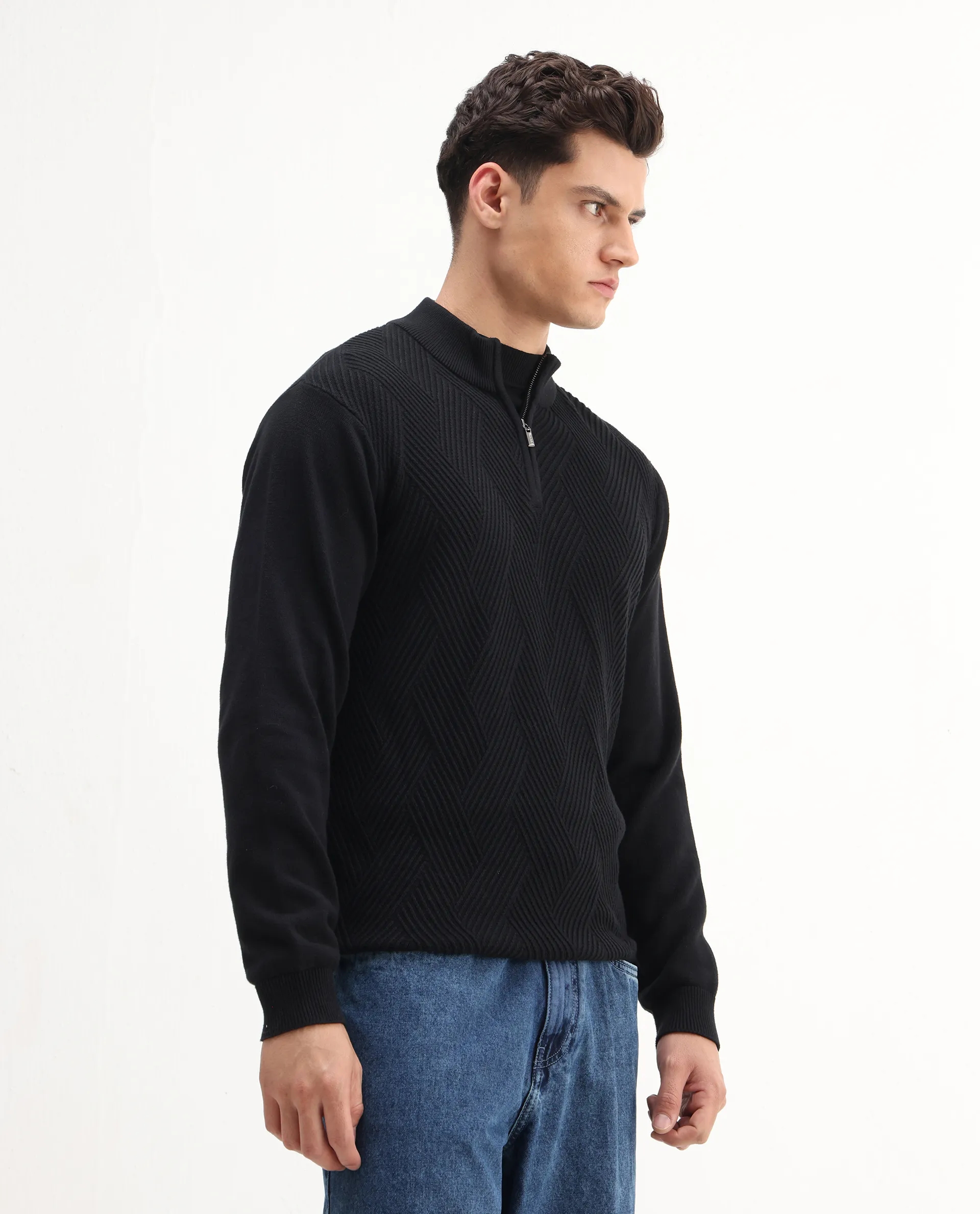 Rare Rabbit Men's Toyder Black Cotton Textured Regular Fit Full Sleeve High Neck Sweater - Image 5