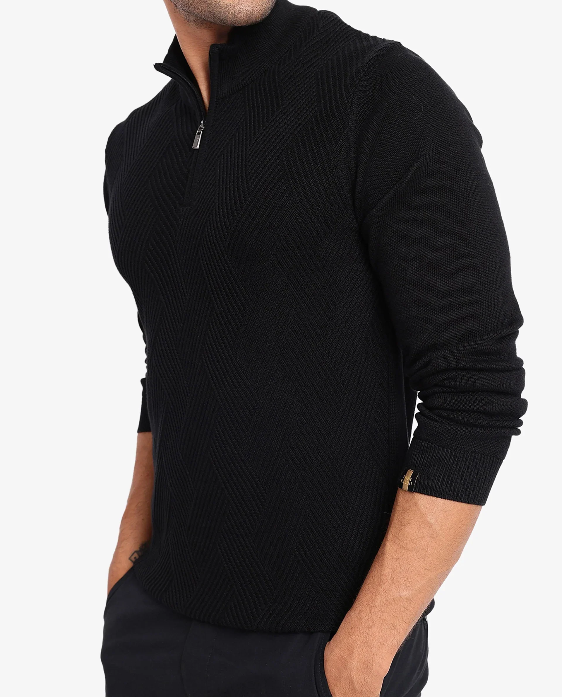 Rare Rabbit Men's Toyder Black Cotton Textured Regular Fit Full Sleeve High Neck Sweater - Image 5