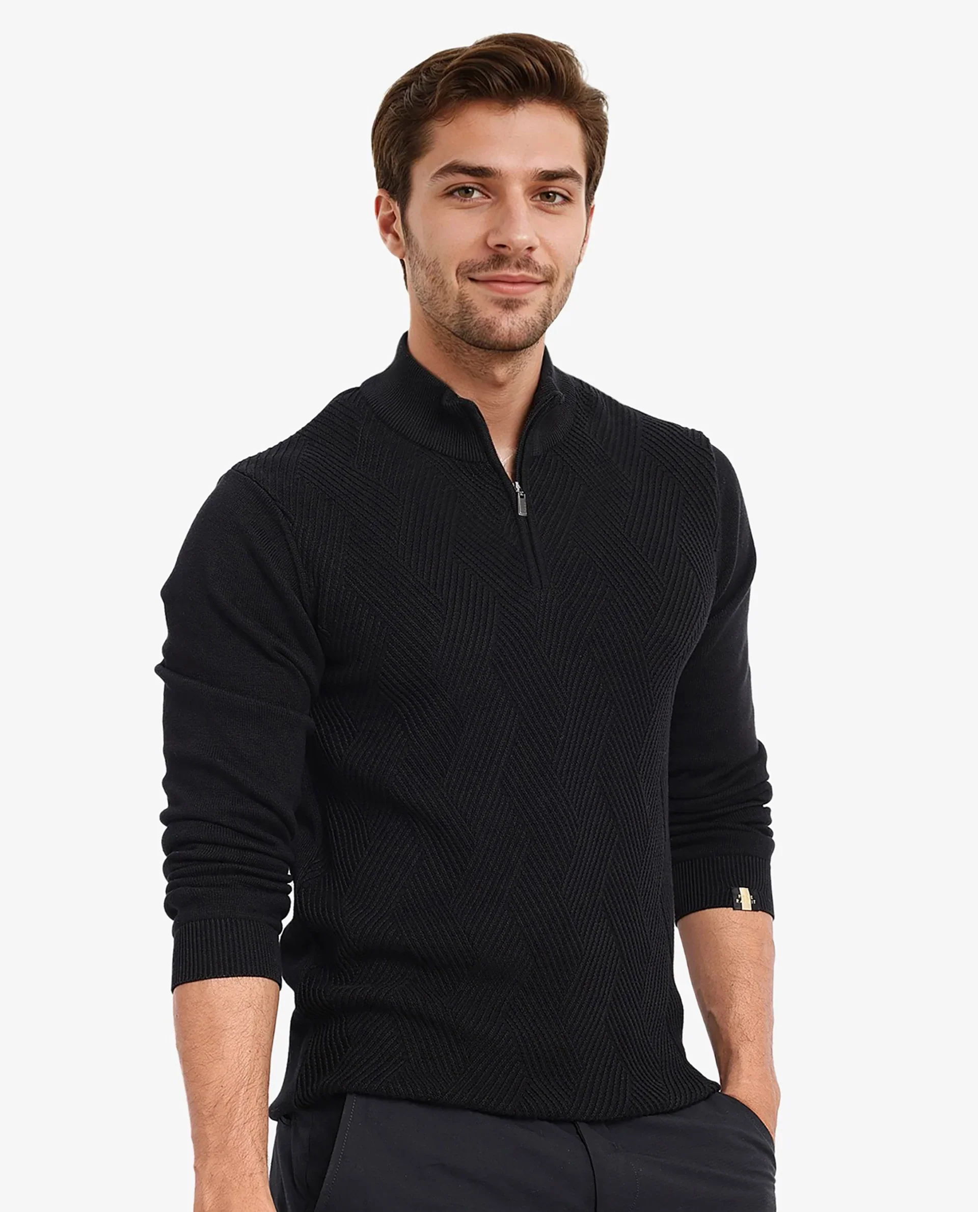Rare Rabbit Men's Toyder Black Cotton Textured Regular Fit Full Sleeve High Neck Sweater - Image 7