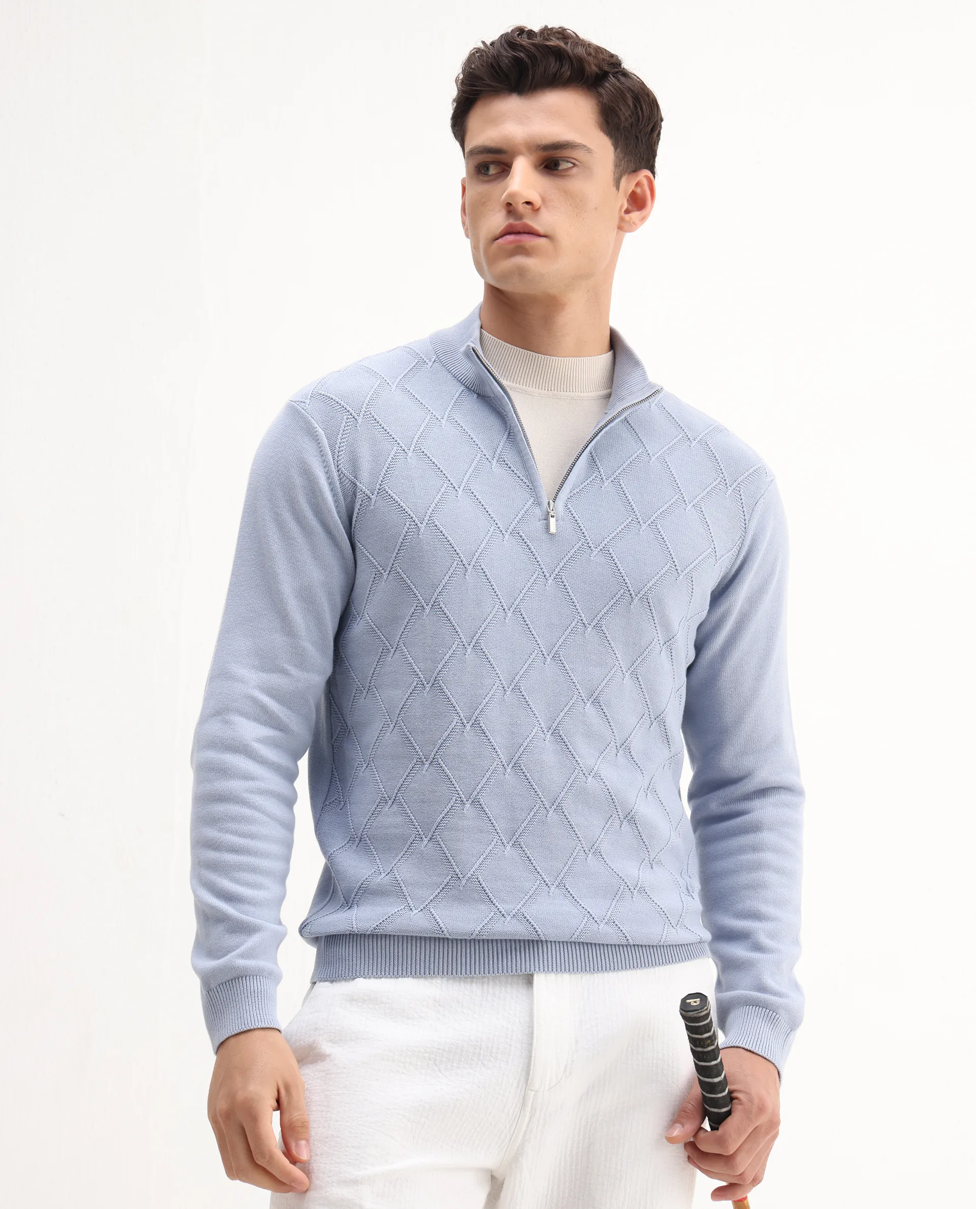 Rare Rabbit Men's Toyder Blue Cotton Textured Regular Fit Full Sleeve High Neck Sweater
