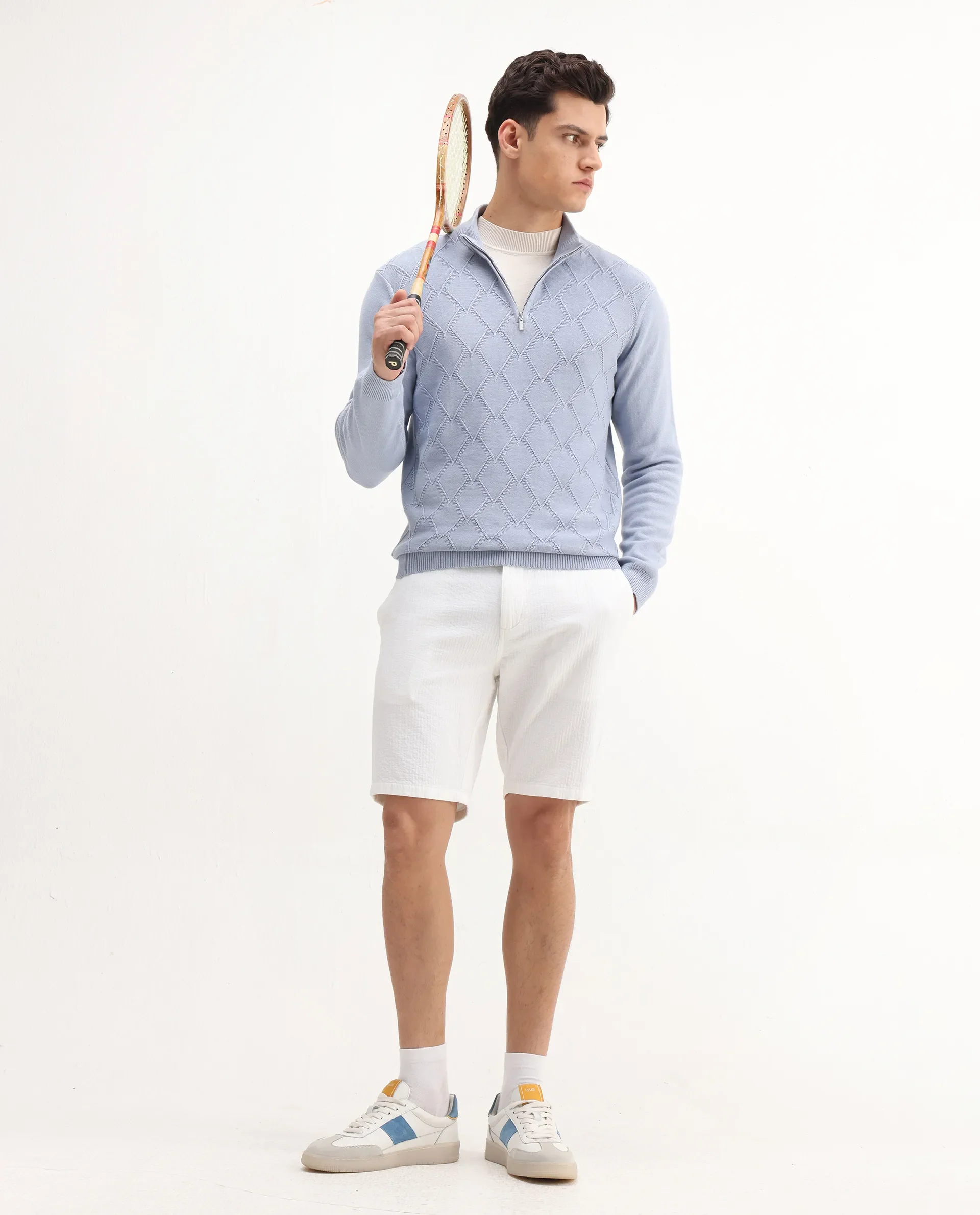 Rare Rabbit Men's Toyder Blue Cotton Textured Regular Fit Full Sleeve High Neck Sweater - Image 2