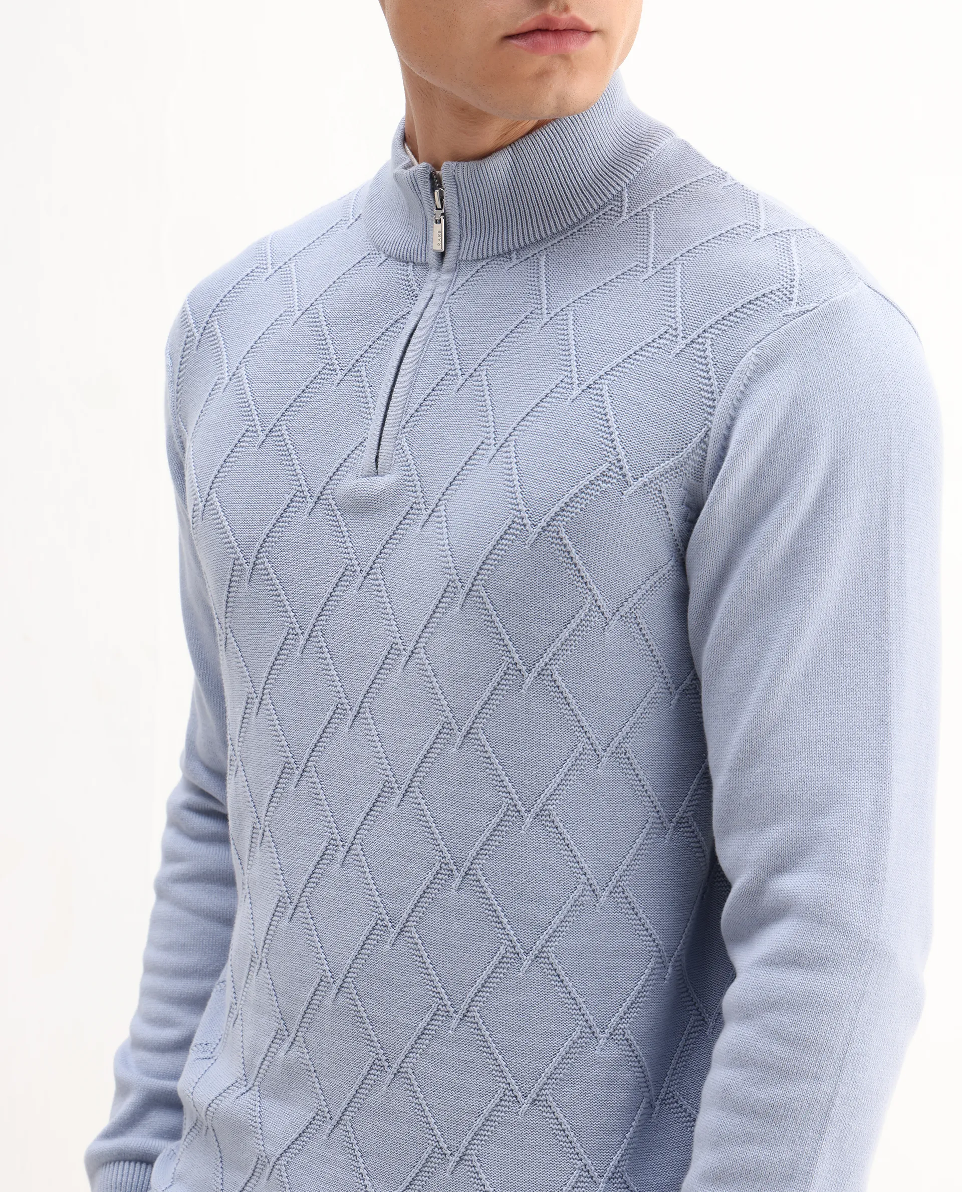 Rare Rabbit Men's Toyder Blue Cotton Textured Regular Fit Full Sleeve High Neck Sweater - Image 3