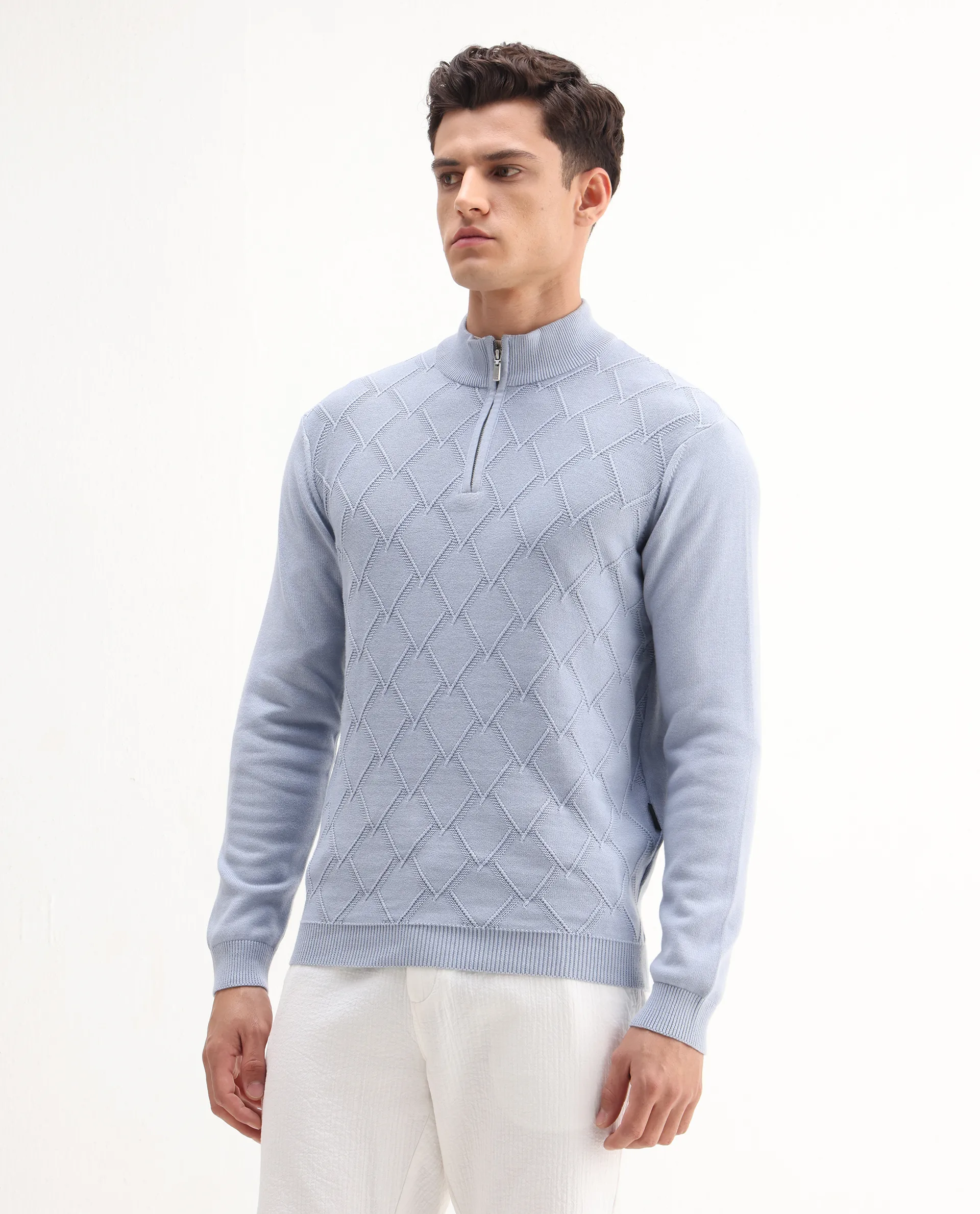 Rare Rabbit Men's Toyder Blue Cotton Textured Regular Fit Full Sleeve High Neck Sweater - Image 4