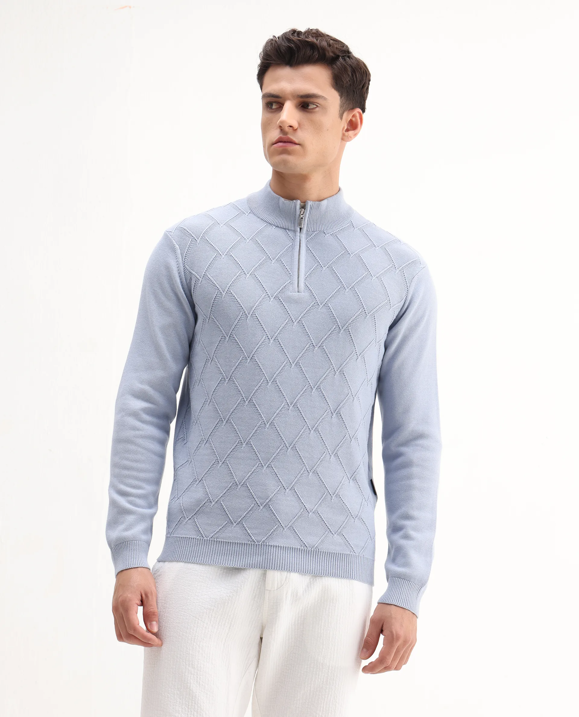 Rare Rabbit Men's Toyder Blue Cotton Textured Regular Fit Full Sleeve High Neck Sweater - Image 5