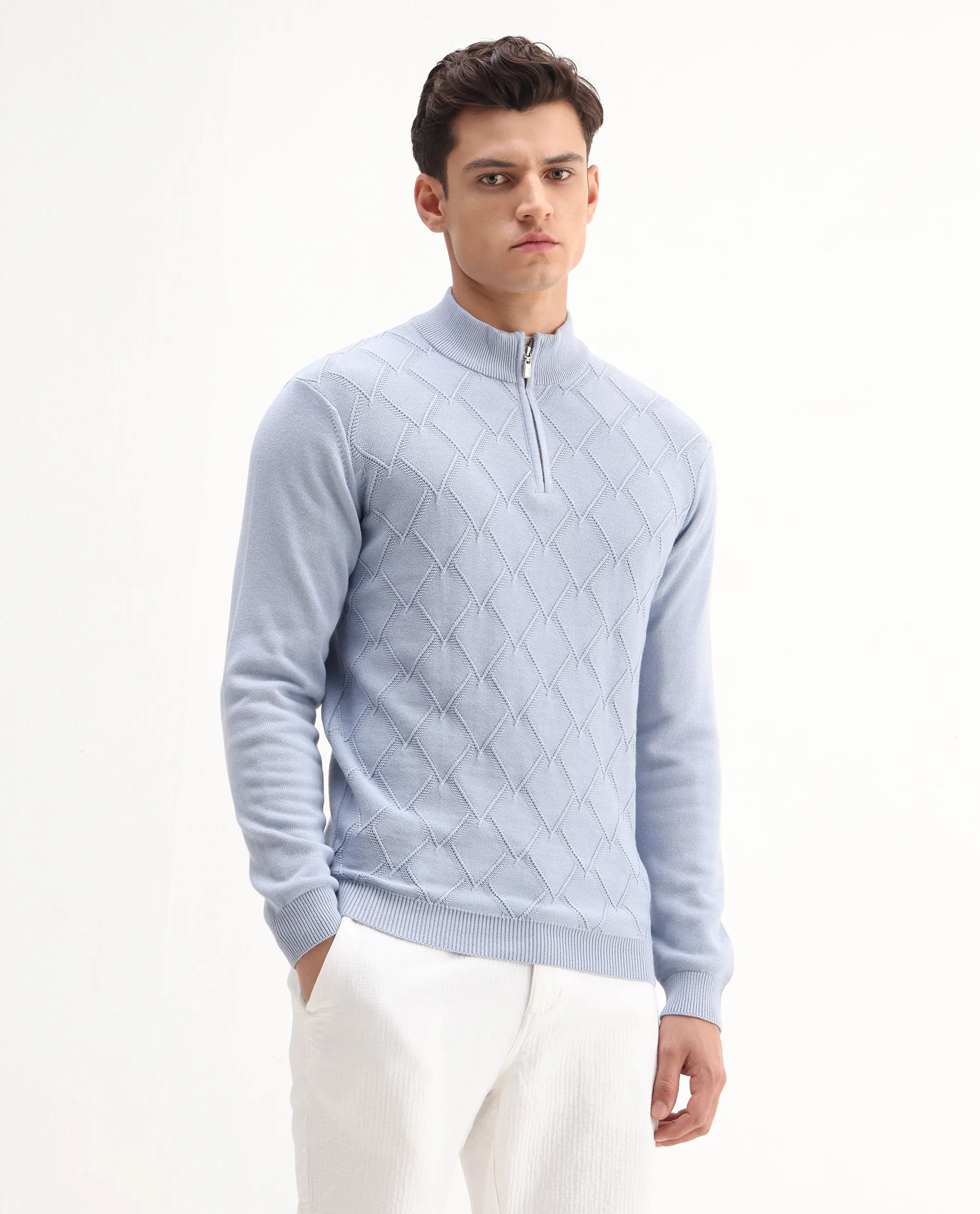 Rare Rabbit Men's Toyder Blue Cotton Textured Regular Fit Full Sleeve High Neck Sweater - Image 6