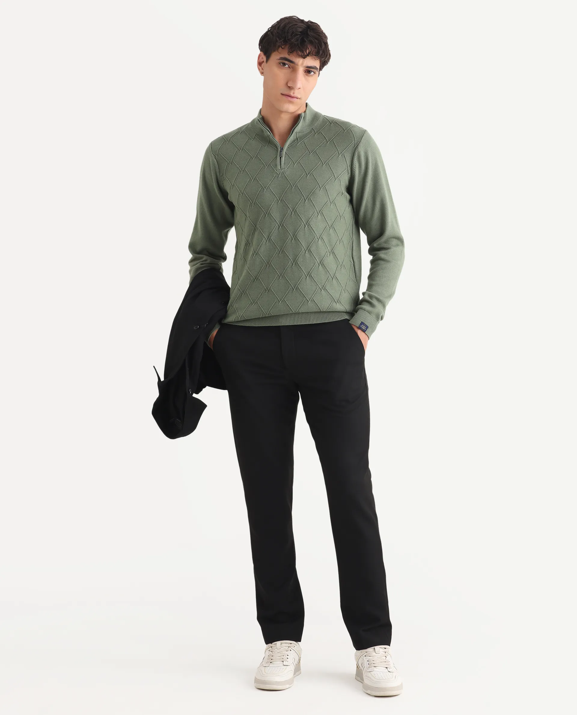 Rare Rabbit Men's Toyder Green Cotton Textured Regular Fit Full Sleeve High Neck Sweater - Image 2