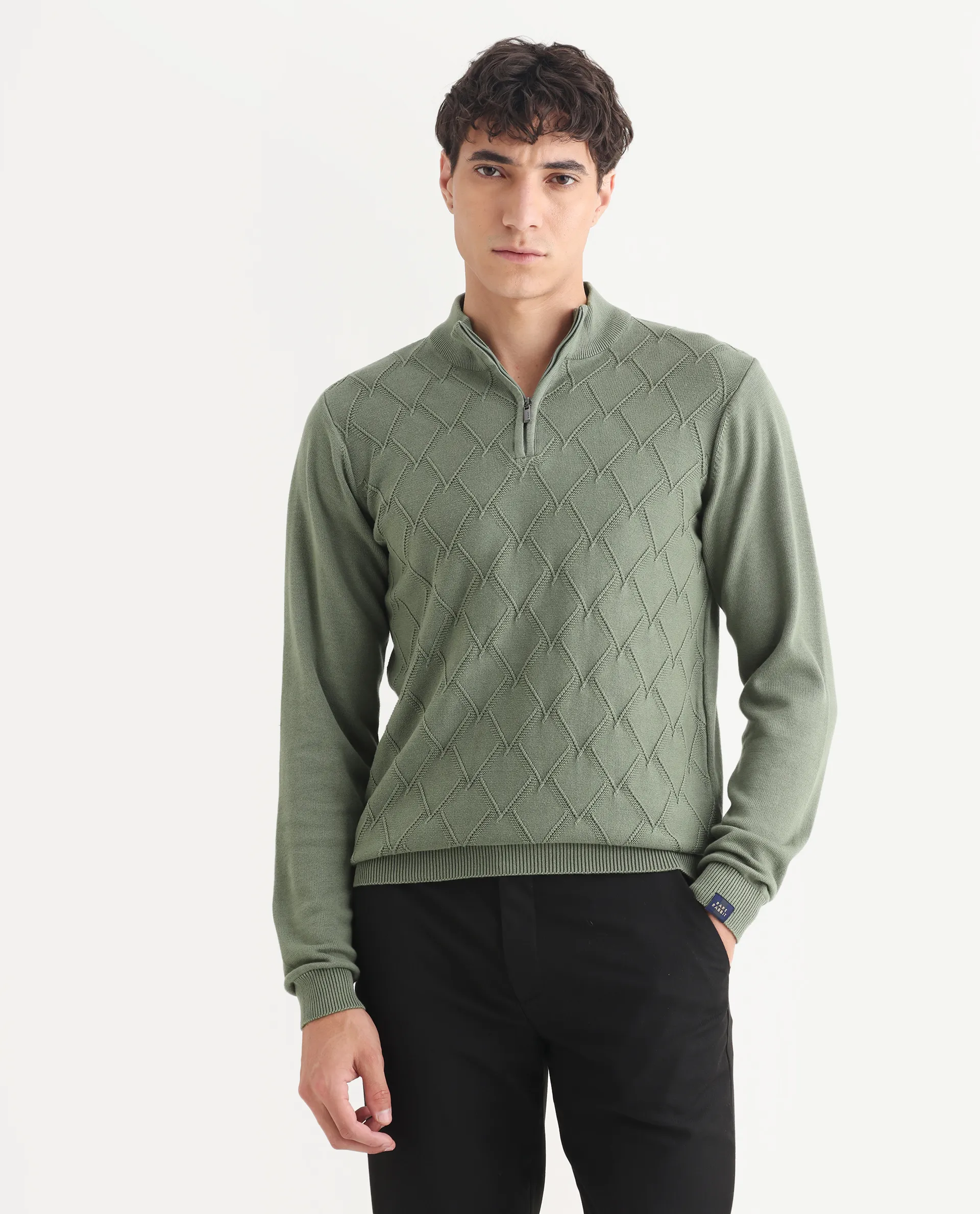 Rare Rabbit Men's Toyder Green Cotton Textured Regular Fit Full Sleeve High Neck Sweater - Image 3