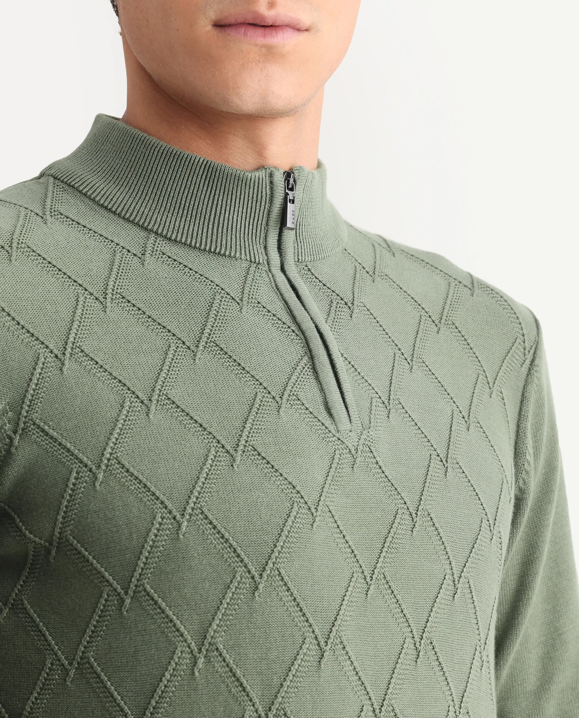 Rare Rabbit Men's Toyder Green Cotton Textured Regular Fit Full Sleeve High Neck Sweater - Image 4