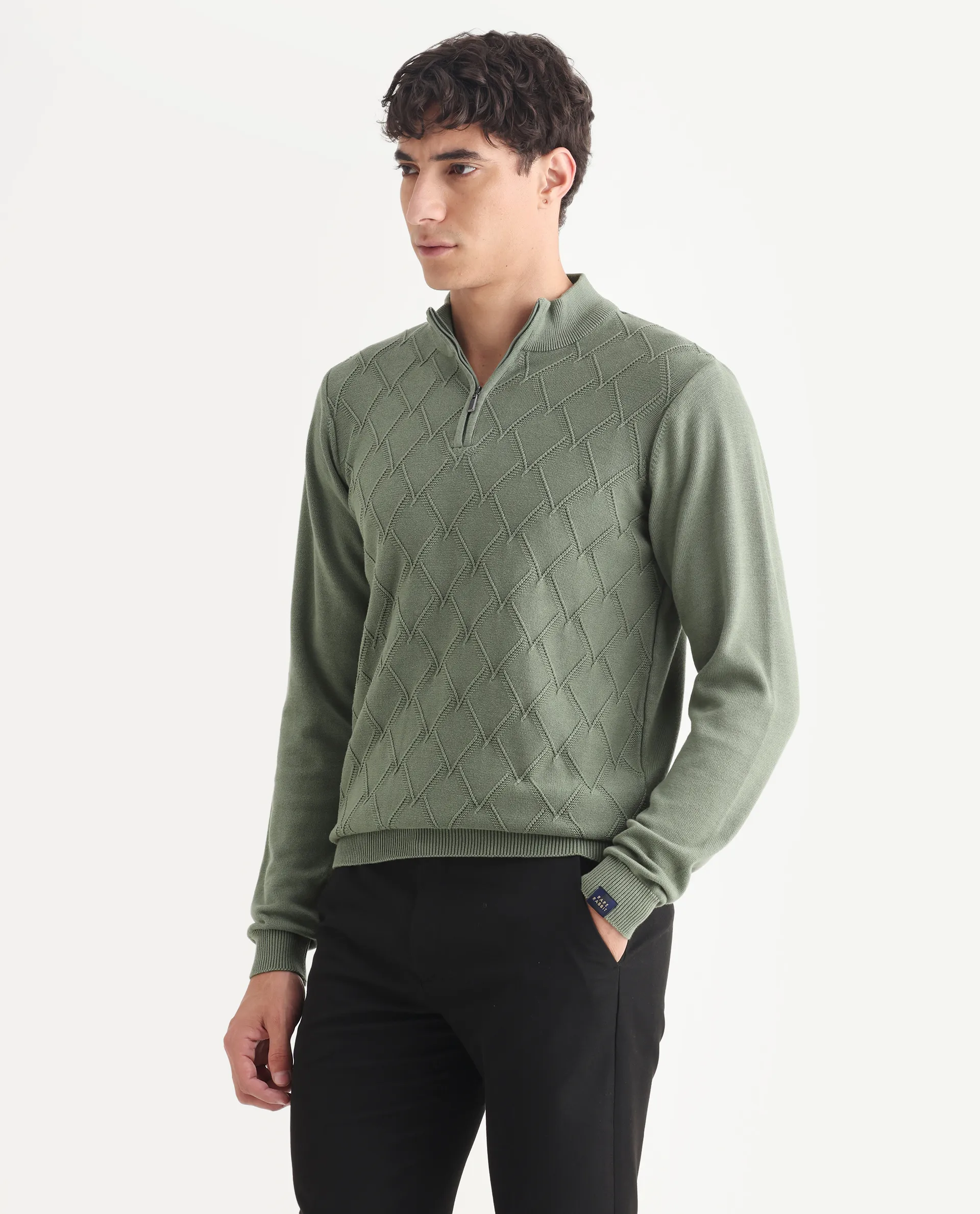 Rare Rabbit Men's Toyder Green Cotton Textured Regular Fit Full Sleeve High Neck Sweater - Image 5