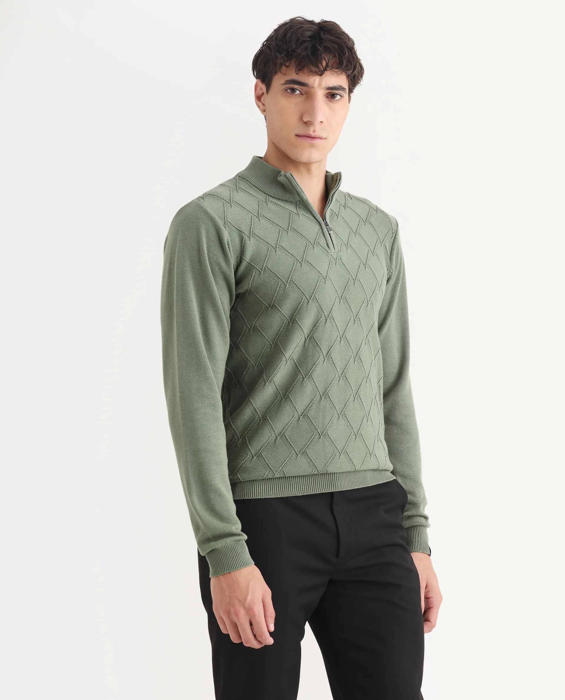 Rare Rabbit Men's Toyder Green Cotton Textured Regular Fit Full Sleeve High Neck Sweater - Image 6