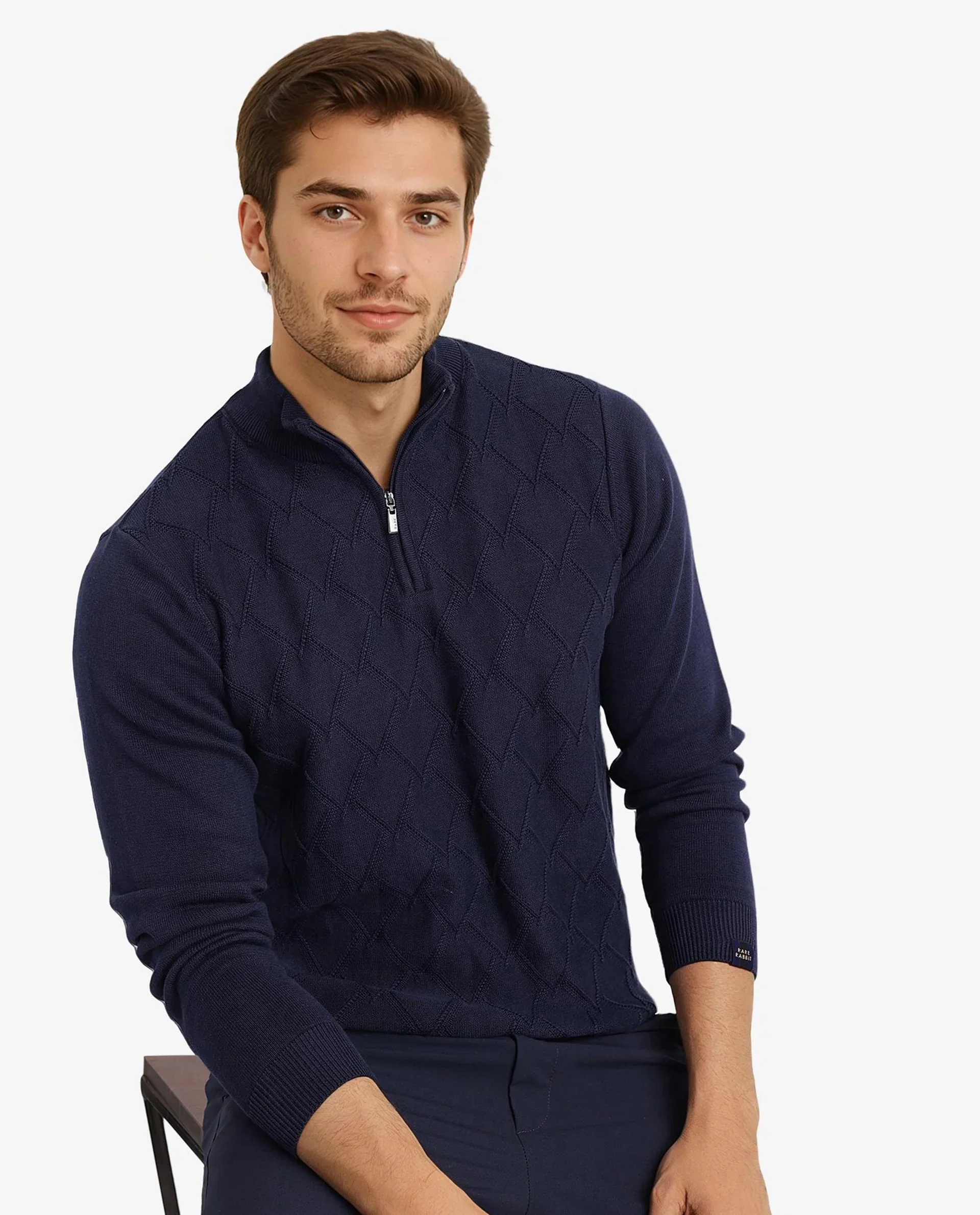 Rare Rabbit Men's Toyder Navy Cotton Textured Regular Fit Full Sleeve High Neck Sweater - Image 2