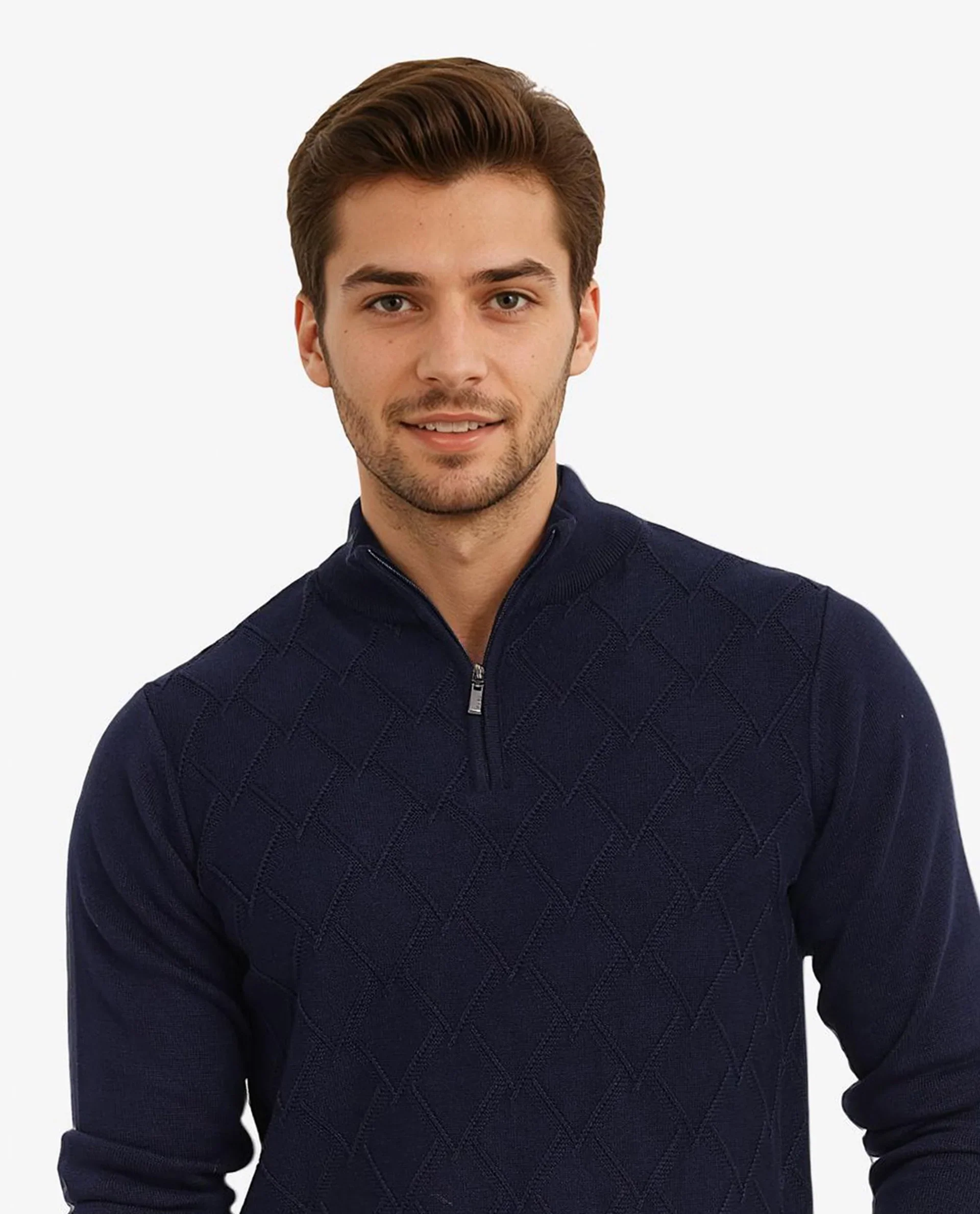 Rare Rabbit Men's Toyder Navy Cotton Textured Regular Fit Full Sleeve High Neck Sweater - Image 3