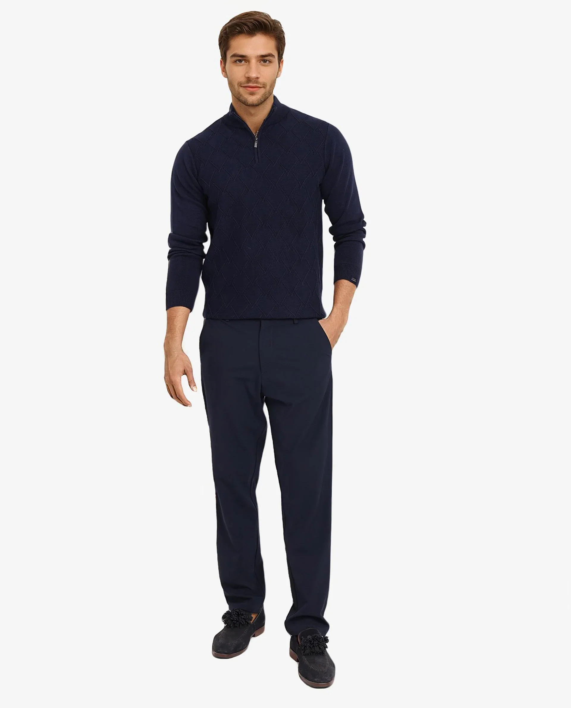 Rare Rabbit Men's Toyder Navy Cotton Textured Regular Fit Full Sleeve High Neck Sweater - Image 4