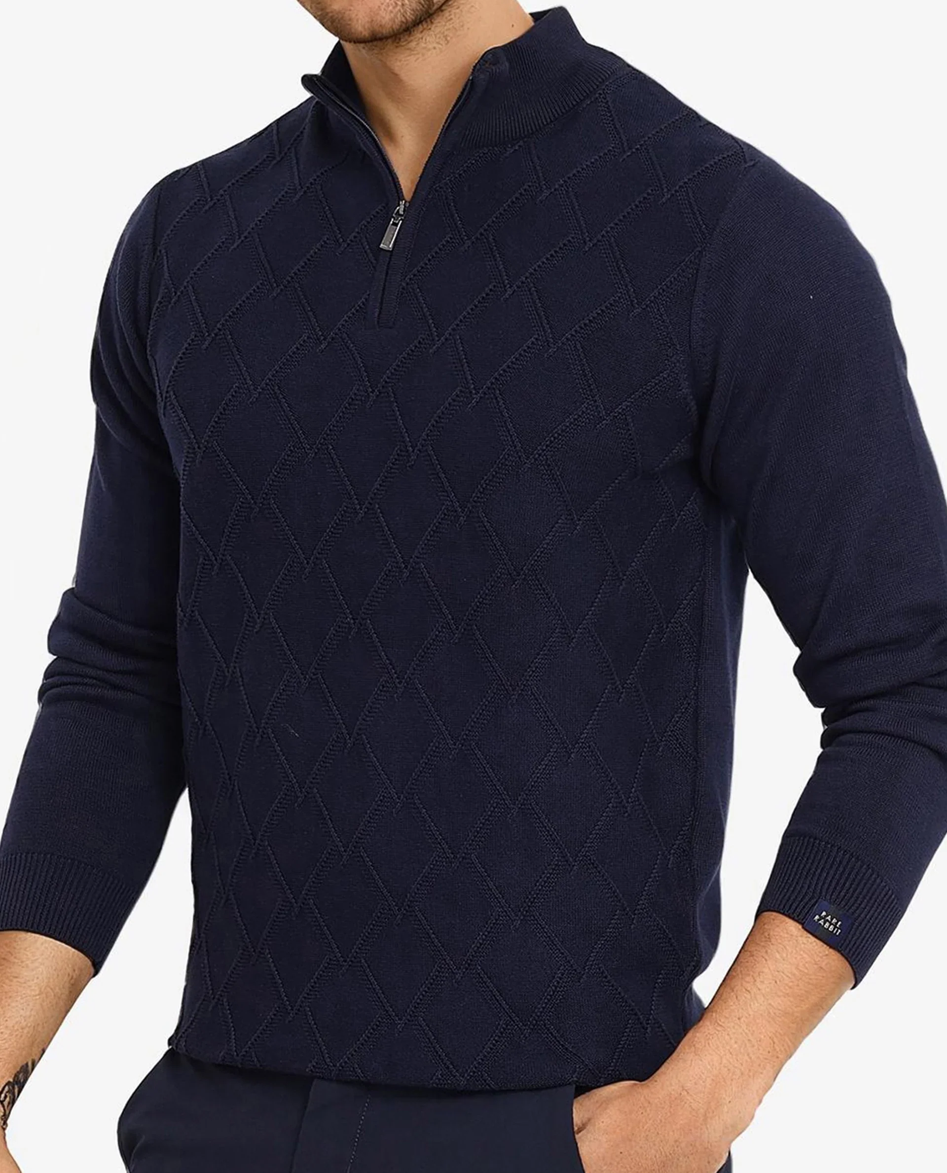 Rare Rabbit Men's Toyder Navy Cotton Textured Regular Fit Full Sleeve High Neck Sweater - Image 6