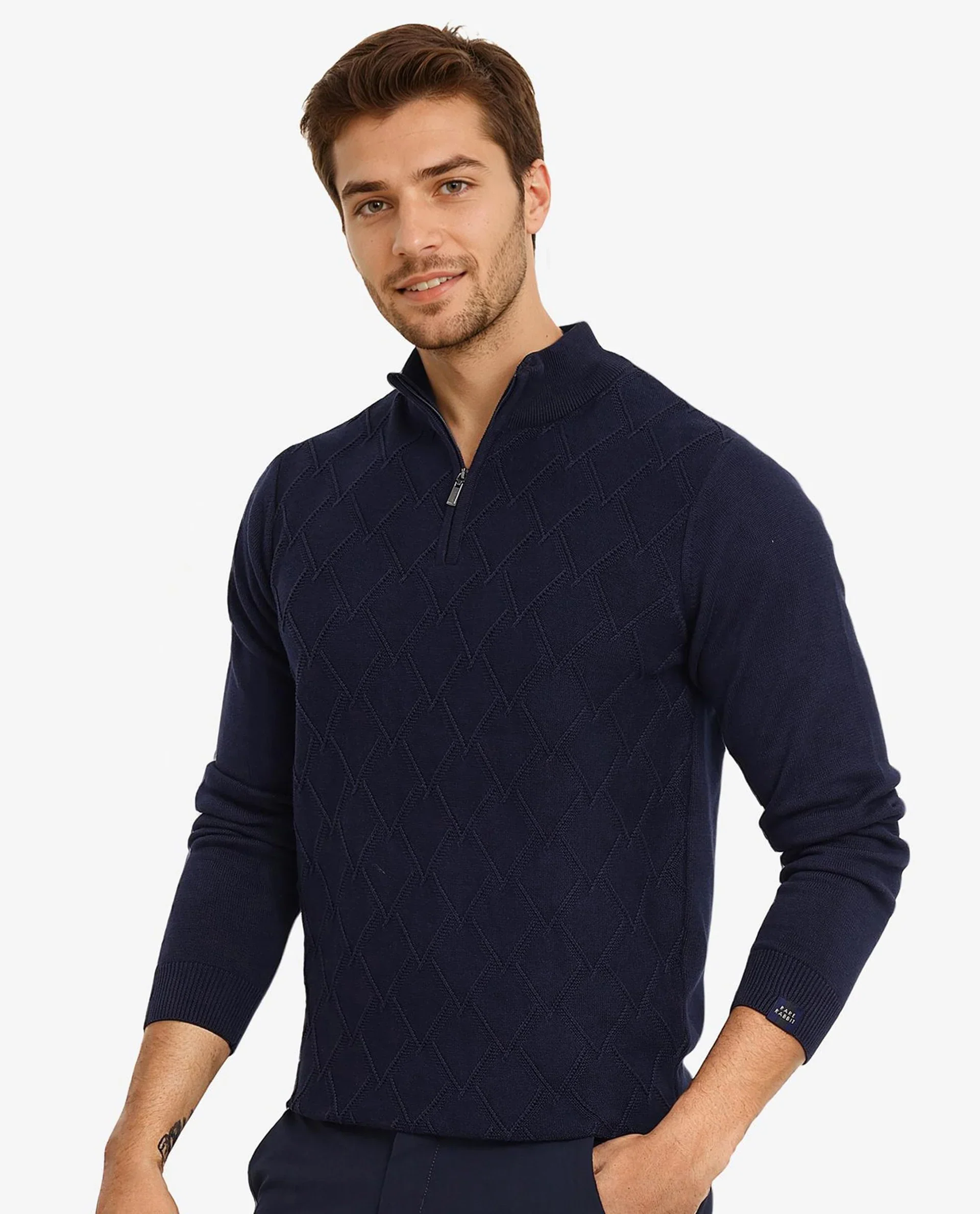 Rare Rabbit Men's Toyder Navy Cotton Textured Regular Fit Full Sleeve High Neck Sweater - Image 7