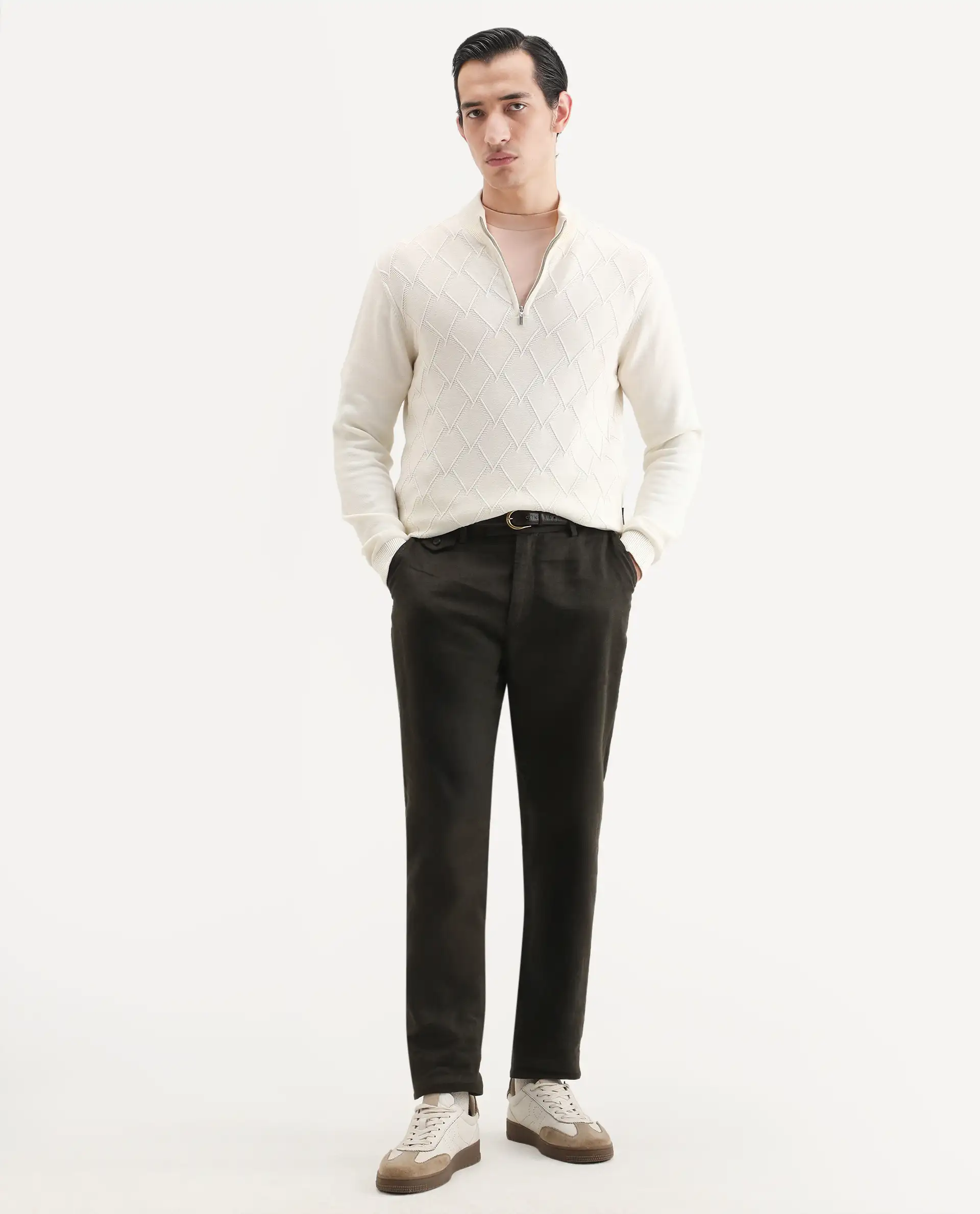 Rare Rabbit Men's Toyder Off White Cotton Textured Regular Fit Full Sleeve High Neck Sweater - Image 2