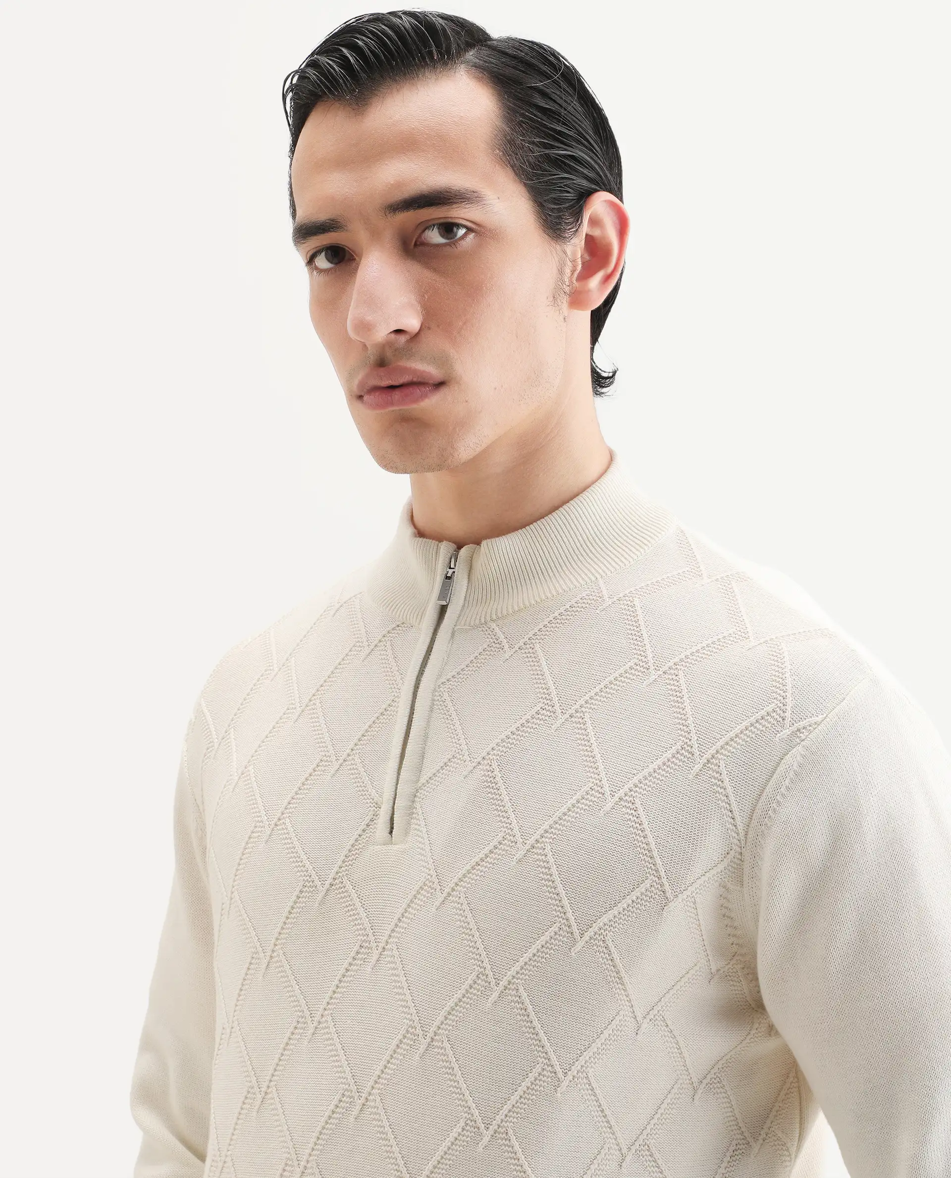 Rare Rabbit Men's Toyder Off White Cotton Textured Regular Fit Full Sleeve High Neck Sweater - Image 3